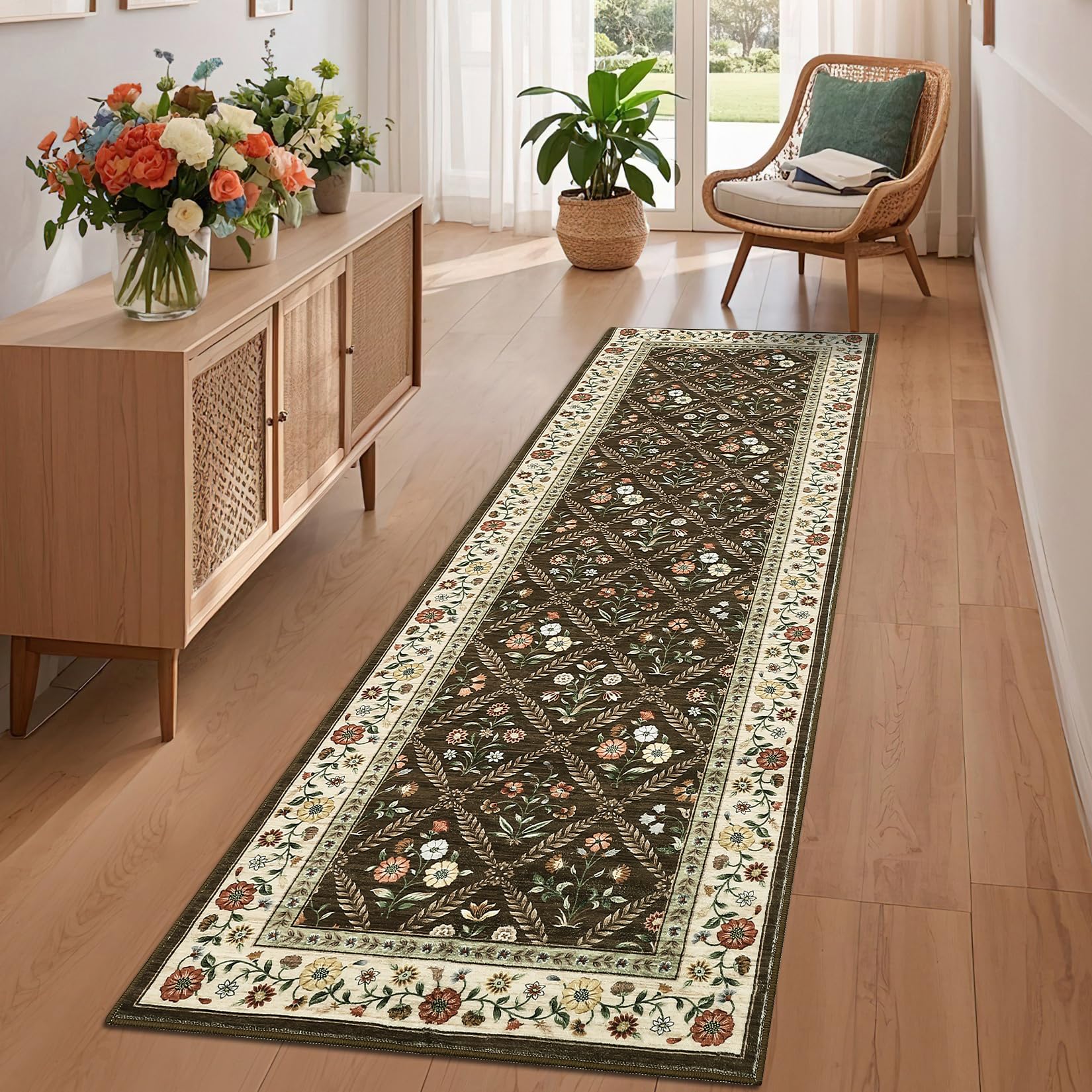 Washable Kitchen Rugs Non Slip 2x6 Hallway Runner Rug Stain Resistant Low Pile Floral Floor Rug with Rubber Backing Non Shedding Runners for Indoor