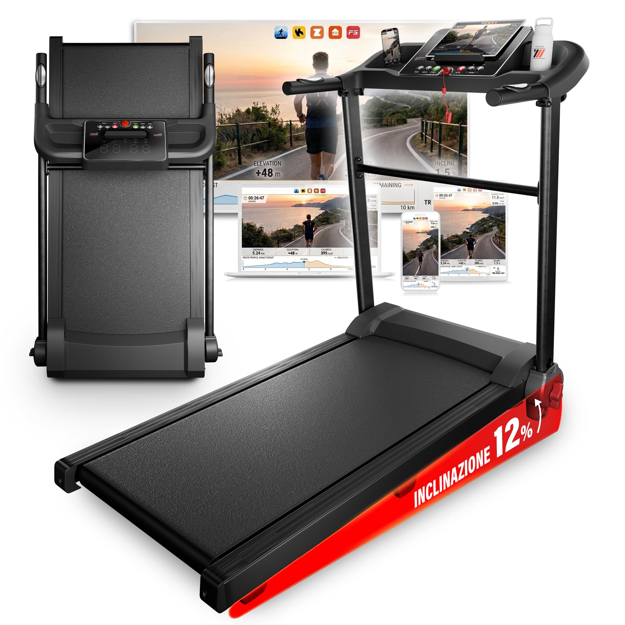 YM Tapis Roulant Salvaspazio 12 km/h, MARCHIO ITALIANO, Inclinazione, Tappeto Corsa MAXI, Pieghevole, Telaio Rinforzato, Elettrico, Display e Supporto Tablet, Your Move ASSISTENZA e GARANZIA ITALIA