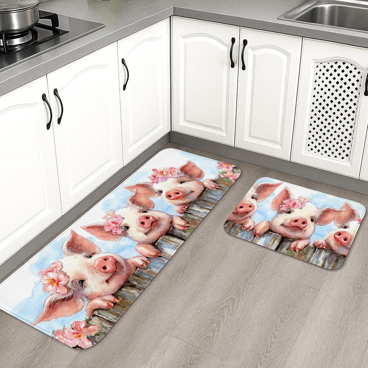 Cute Pig Kitchen Mats for Floor, Floral Farmhouse Design Soft Mats, Cushioned Comfort Washable Non Slip Decor Rugs for Kitchen Sinks Laundryroom Bathroom 2PCS