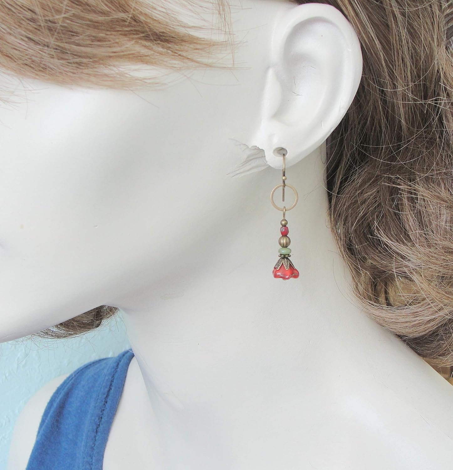 Handmade Deep Red Flower Earrings with Greenish Blue Beads
