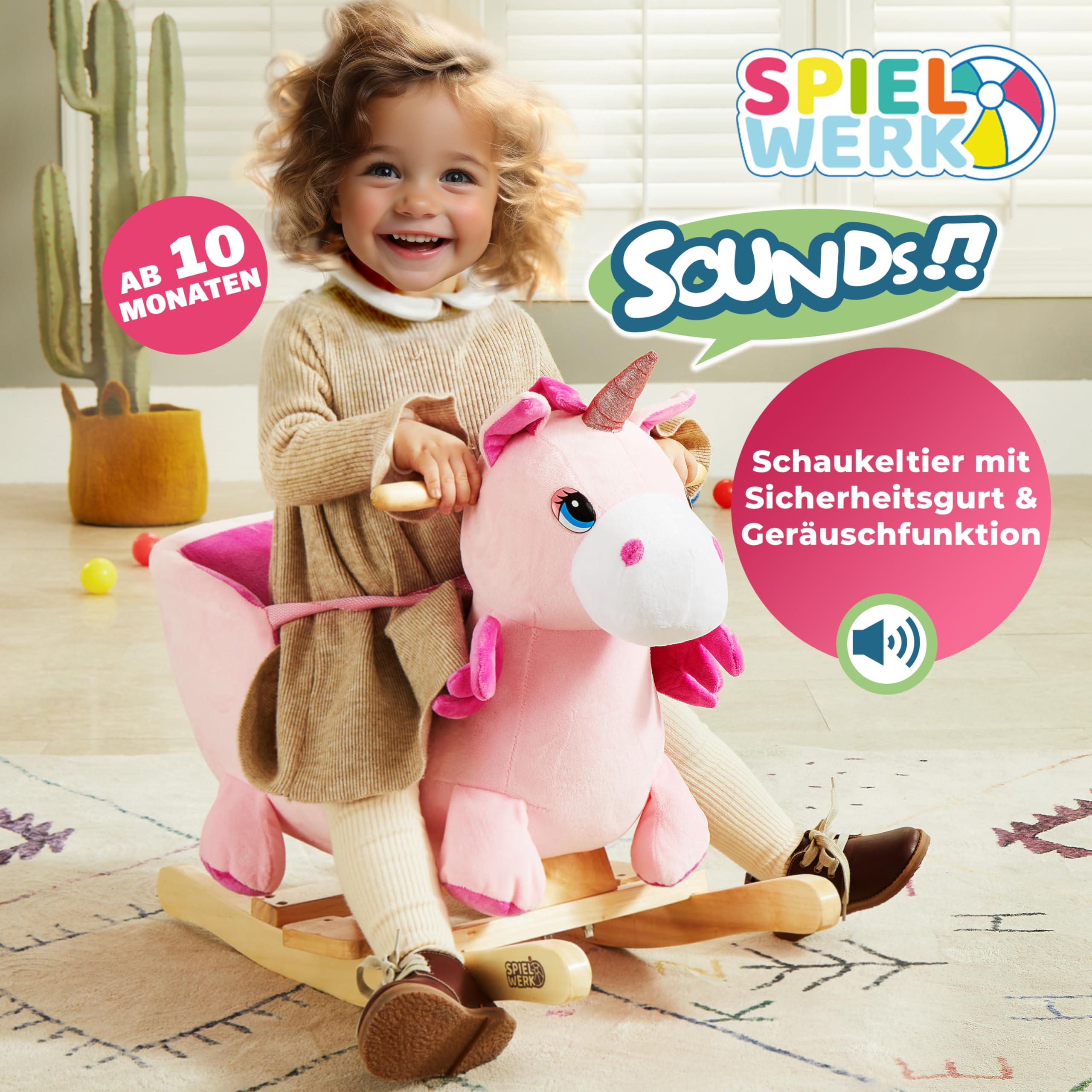 Deuba Spielwerk® Schaukeltier Einhorn inkl. Sound Effekt Sicherheitsgurt Plüsch Schaukel Wippe Kinder Baby Spielzeug Balancetraining besonders weich Schaukelpferd