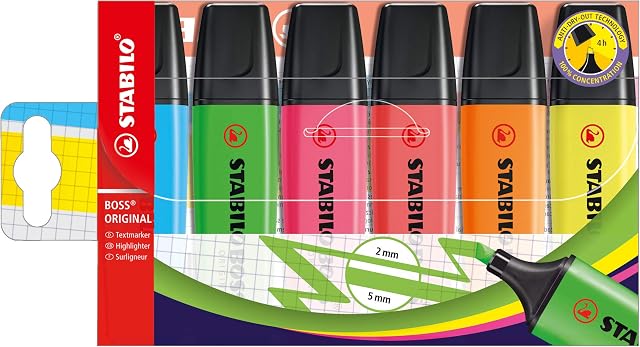 Highlighter - STABILO BOSS ORIGINAL - Pack of 6 - Assorted Colours