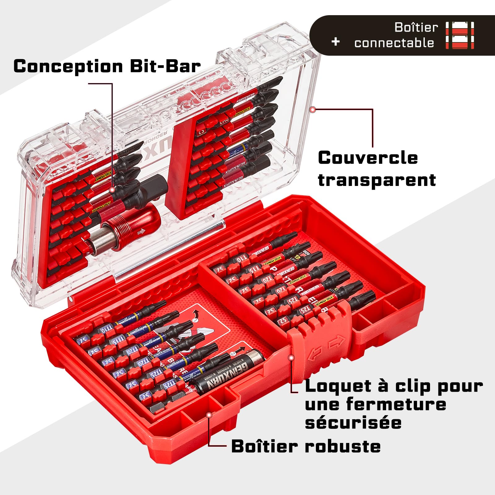 Geinxurn Coffret de 27 Embouts de Vissage en Acier S2 Magnétique, (TX-, TR-, PZ-, PH-, Hex-) Emoubut pour Tournevis Visseuse aux Chocs, et Porte-embouts Adaptateur de Douille avec Boîte de Rouge