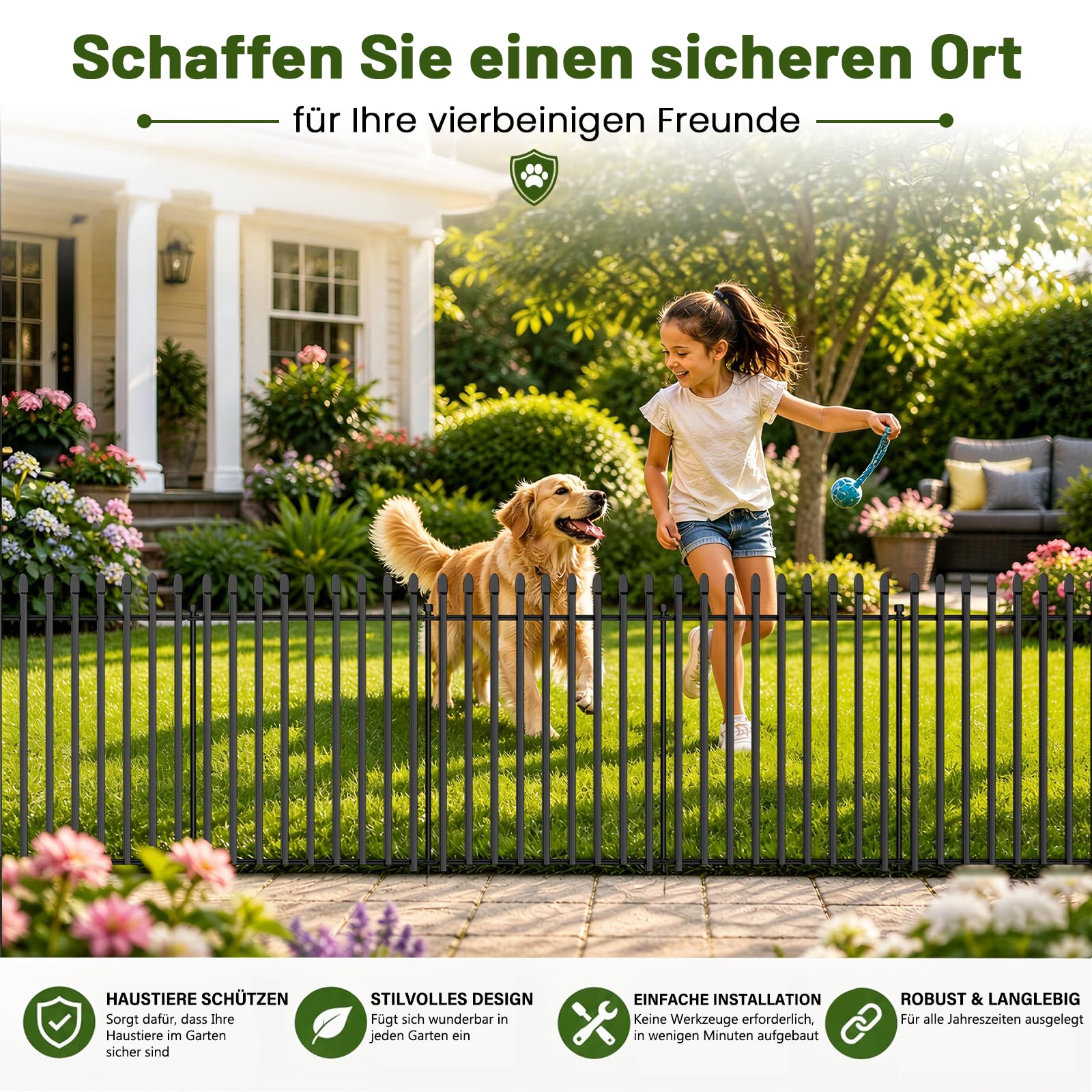 Gartenzaun, Metallzaun Paneele ohne Graben, Rostfreier Tierzaun für Außenbereich, Beetzaun für Garten, Terrasse, Beete und Landschaft | Gesamtgröße 101 cm (H) x 670 cm (L), 10 Paneele mit Tor