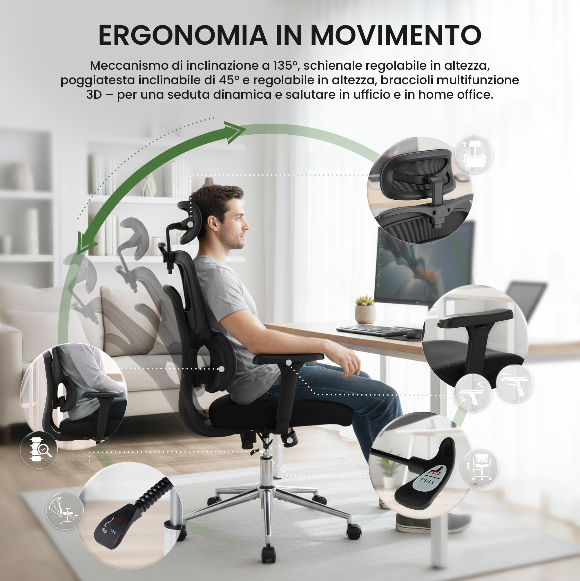 CLP Sedia ergonomica con poggiatesta Lothenda, regolabile in altezza con supporto lombare, braccioli 3D, sedia girevole fino a 150 kg Colore:nero