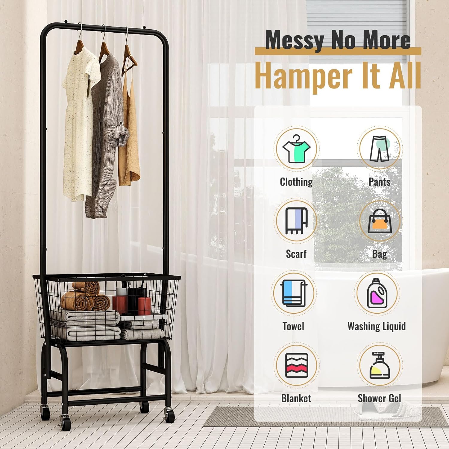 ALIMORDEN Laundry Cart with Clothes Rack, Rolling Laundry Butler with Wire Storage Rack，Black