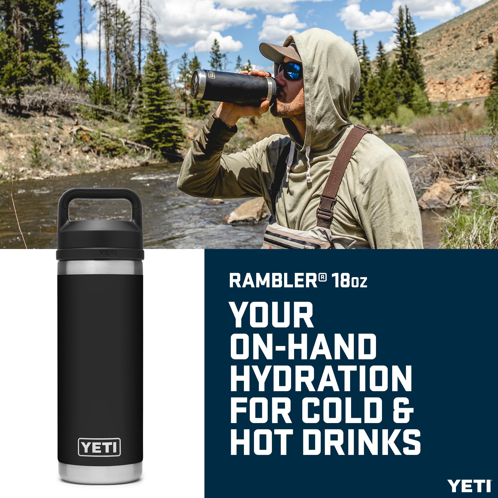 YETI Rambler Bottle Chug, Vacuum Insulated Stainless Steel Bottle with Chug Cap, Black, 18 oz (532 ml)