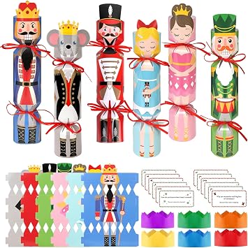 DPKOW 12 Pack Nutcracker Christmas Crackers Gifts Boxes with Hats Riddle CardsNon-Snap, DIY Christmas Crackers with Prizes, Holiday Cracker Xmas Gifts Nutcracker Treats Boxes Party Table Cracker