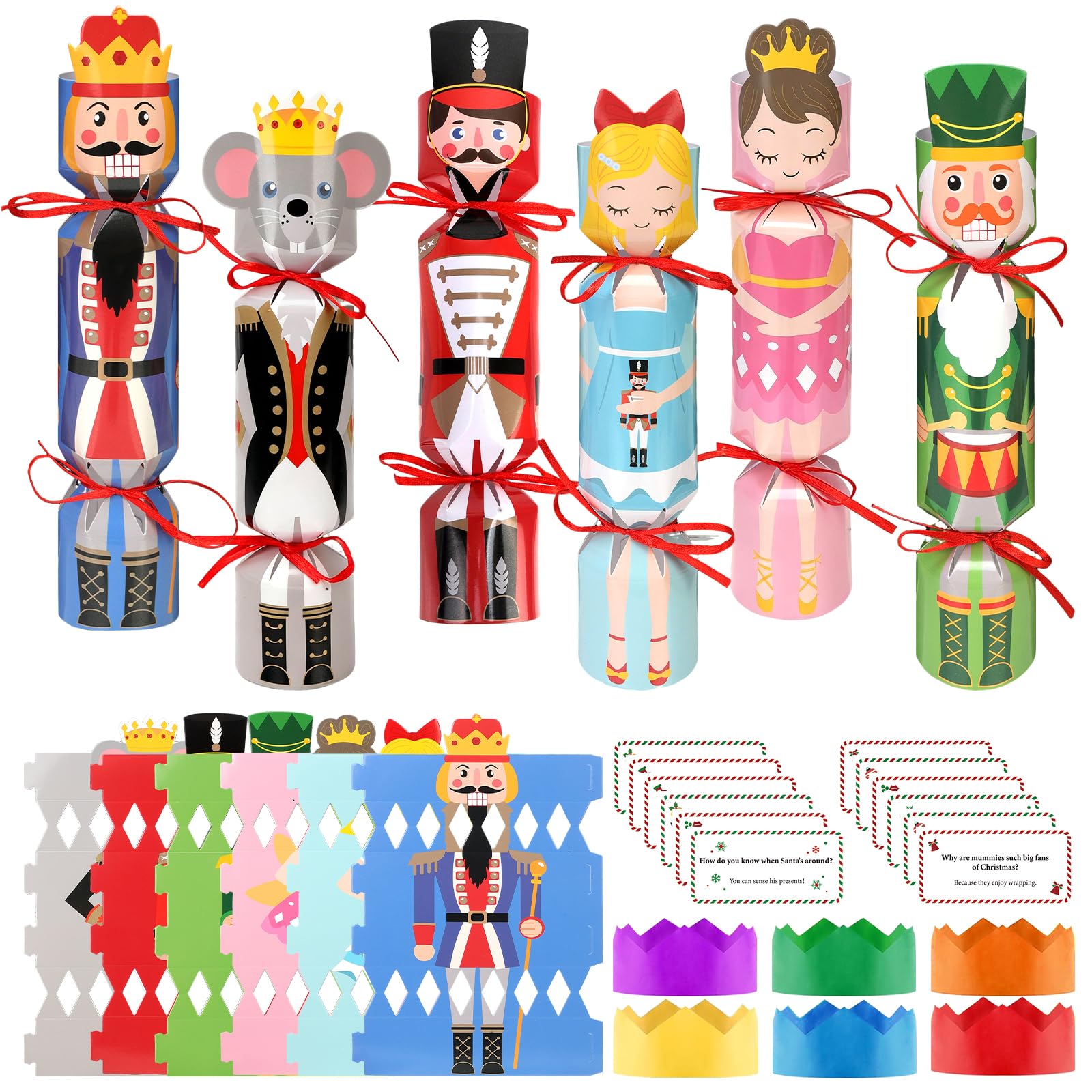 DPKOW Nutcracker Christmas Crackers Gift Boxes with Hats Riddle Cards (Non-Snap), Make Your Own Christmas Crackers 12 Pack, DIY Treats Boxes Nutcracker Party Table Favours Xmas Cracker Making Kits