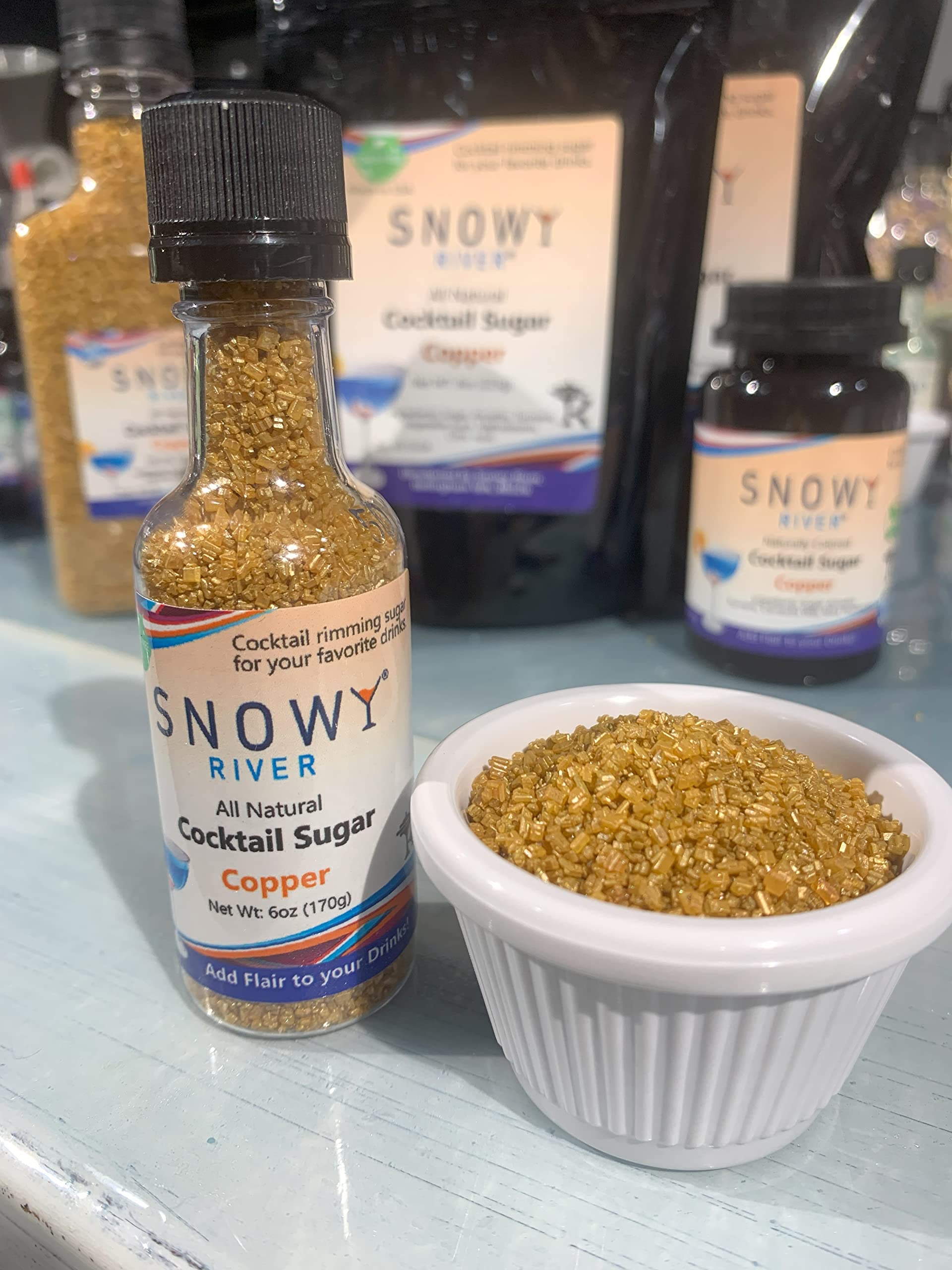 Snowy River Copper Cocktail Sugar - Kosher Certified Naturally Copper Cocktail Rimmer (2oz Bottle, Large Crystal)