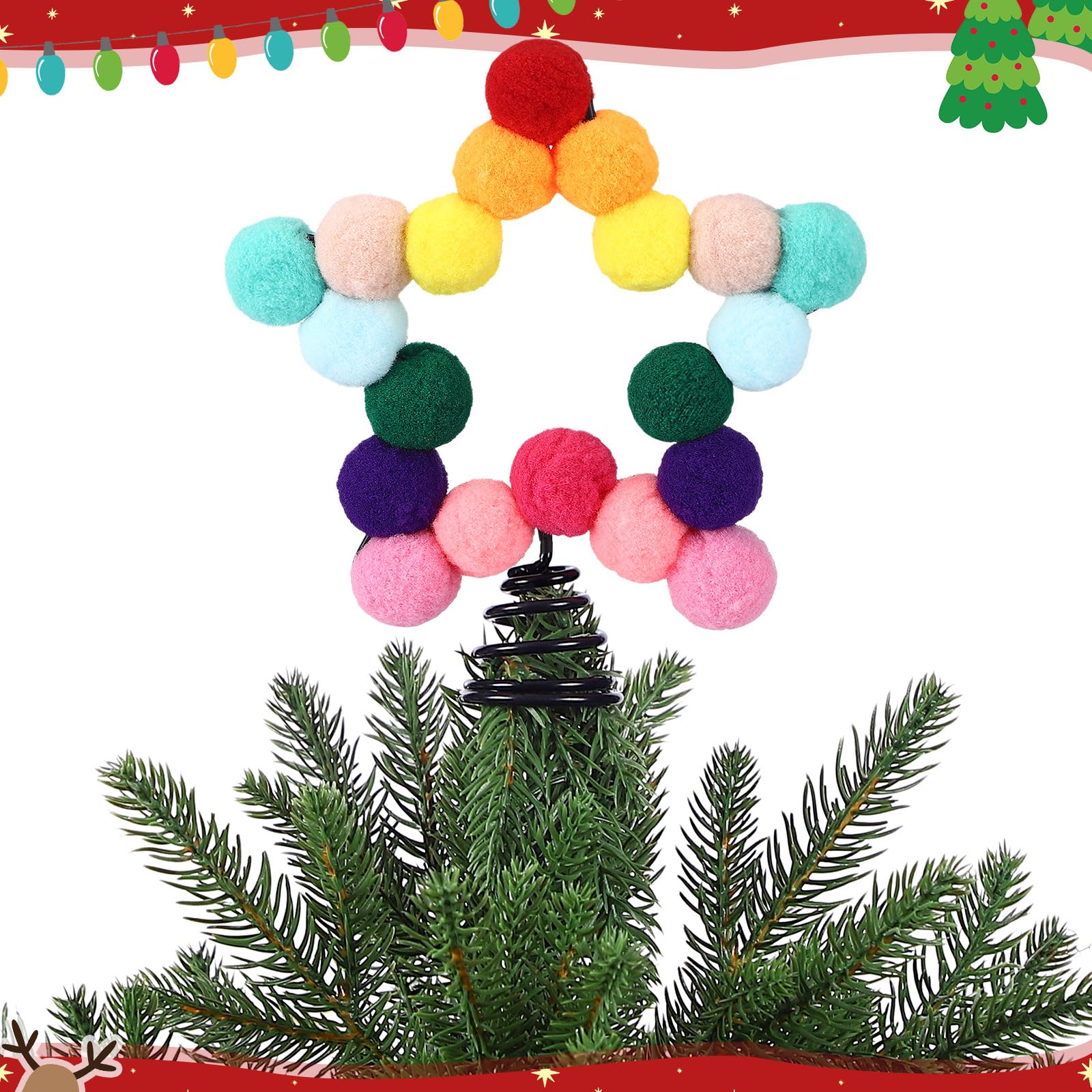 RoundFunny Regenbogen-Filzkugel-Stern, Weihnachtsbaumspitze, bunte Bommel, Filzkugel, Weihnachtsbaumspitze, bunt, fünfzackiger Stern, Weihnachtsdekoration zur Dekoration (12,9 x 15,9 cm)