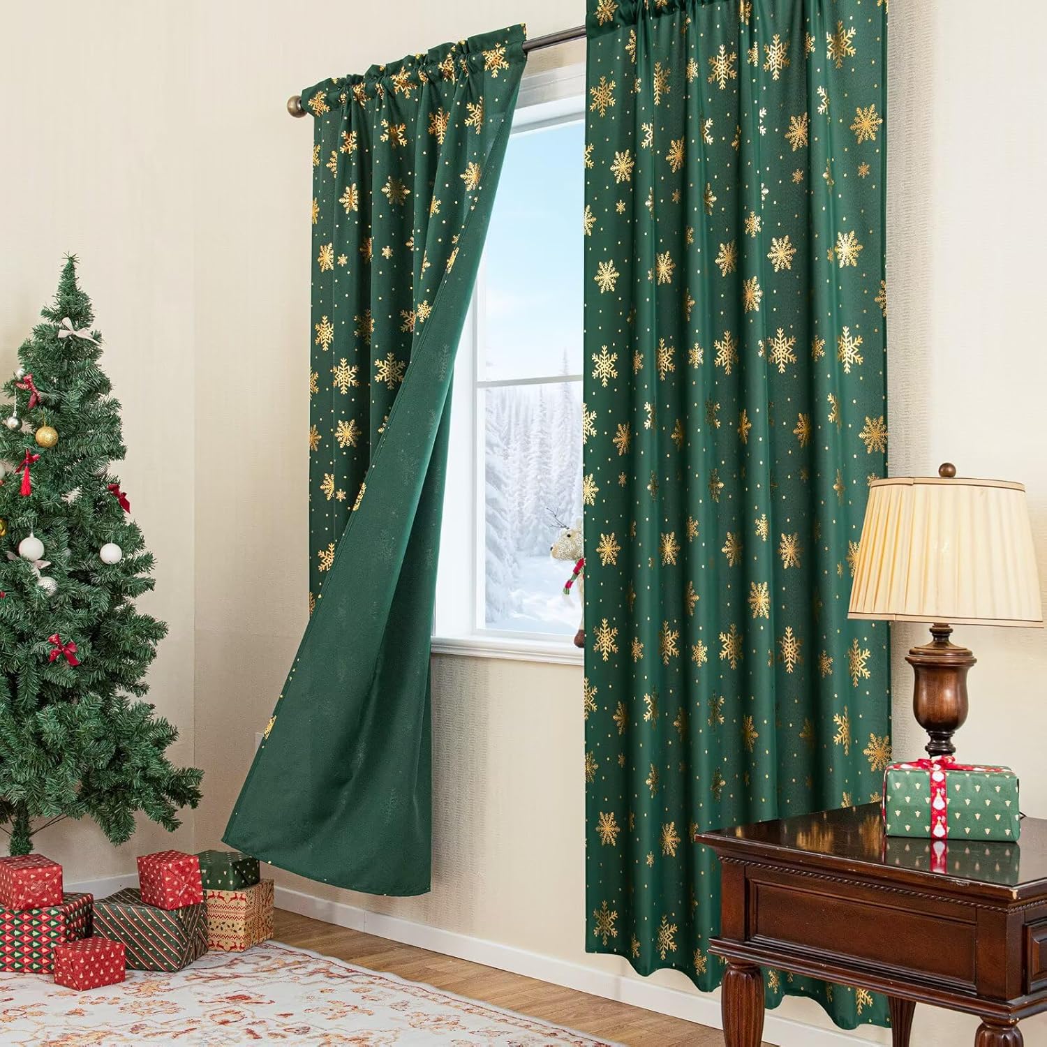 Christmas Curtains for Living Room, Luxury Snowflake Gold Foil Print Curtains, Rod Pocket Window Drapes Decorations for Bedroom and Home Decor, 2 Panels Foliage Green 52W x 63L