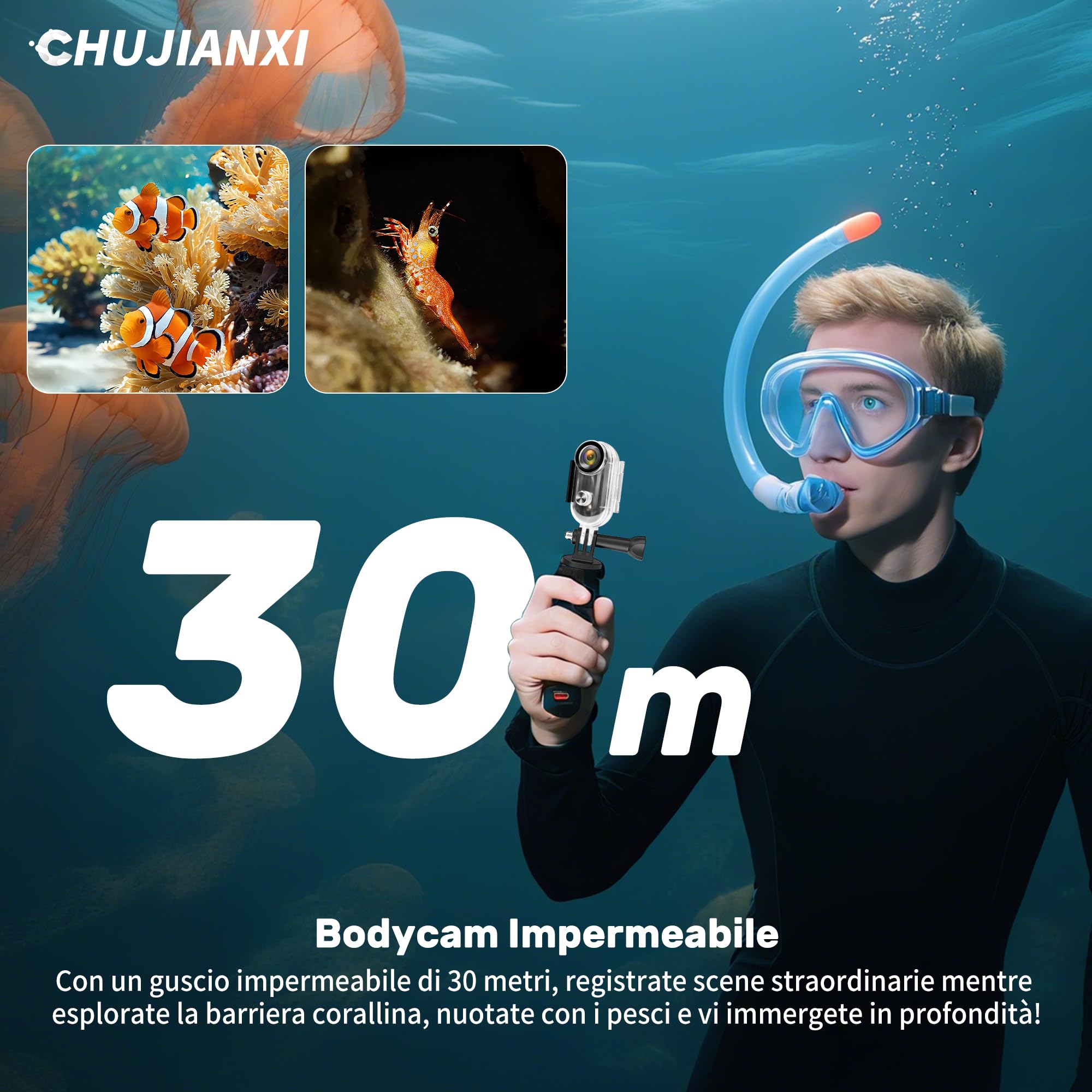 Mini Action Cam WiFi, Indossabile Body Cam 1080P, Thumb Bodycam Telecamera Casco, Fotocamera Subacquea Piccola, Controllo Delle APP, Videocamera da Pollice e Accessori Fotocamera