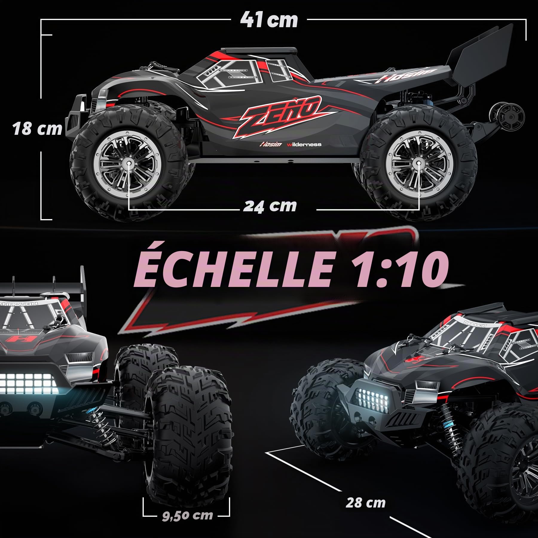 Hosim 1:10 Voiture télécommandée pour adultes, 48 + KM/H Buggy RC 4WD à haute vitesse avec 2 batteries 7,4 V 1500 mAh, voiture électrique RC grande camion RC tout-terrain 2,4 GHz imperméable