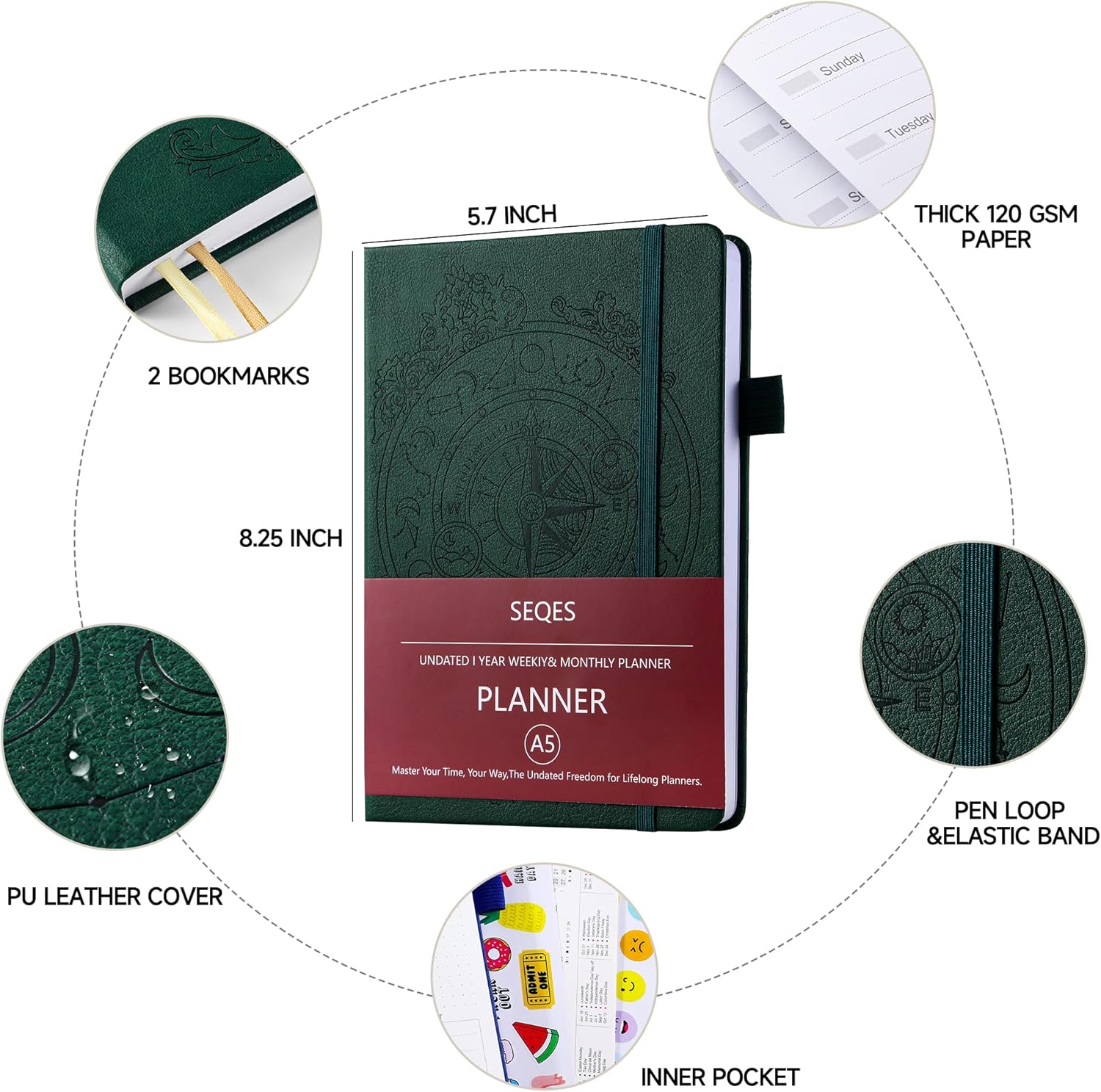 A5 Undated Planner- Leather Cover with goal tracker,full focus And habit To Increase Productivity organizer And Goal Setting & Reflection Journal | Weekly/Monthly Planner (dark green)