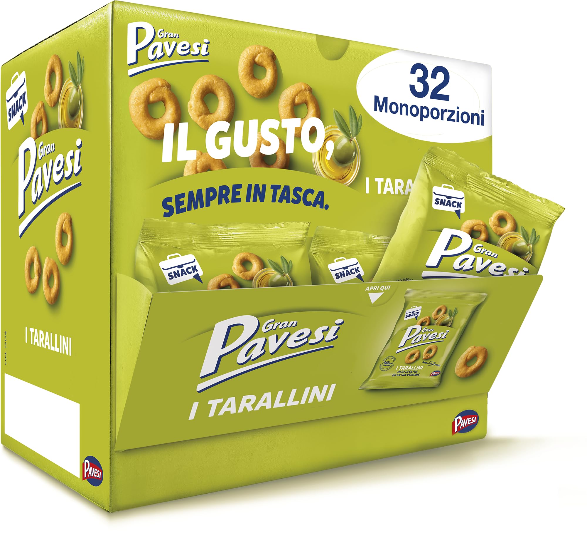 Gran Pavesi Espositore Snack Tarallini con di Olio ed Extra Vergine, Senza Olio di Palma, Showbox 1020 g con 32 Pack Monodose