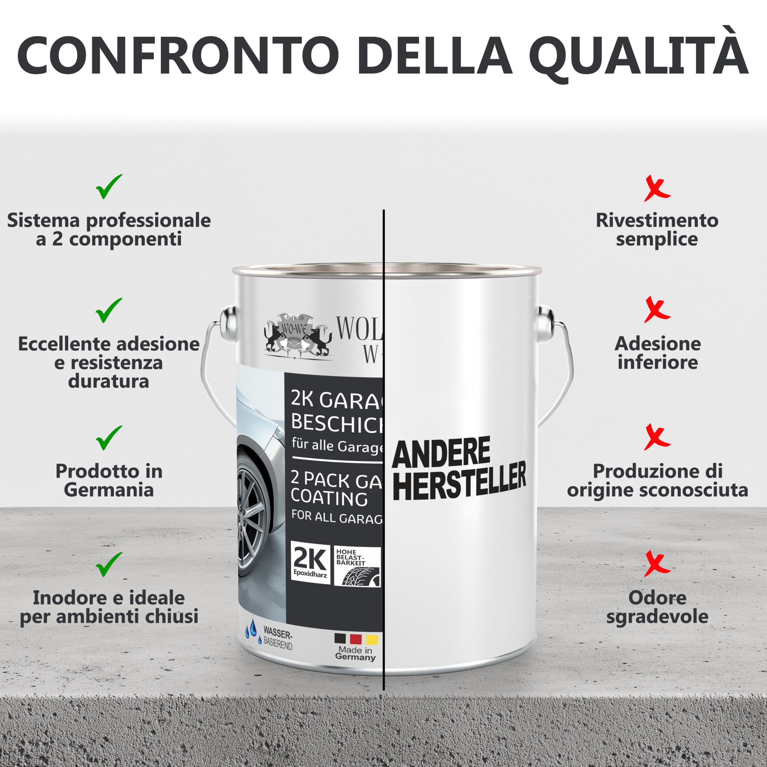 WO-WE 2K Pittura per Pavimento Garage Vernice Bicomponente Rivestimento in Resina Epossidica Box Officina Cantina Grigio luce l 2,5kg