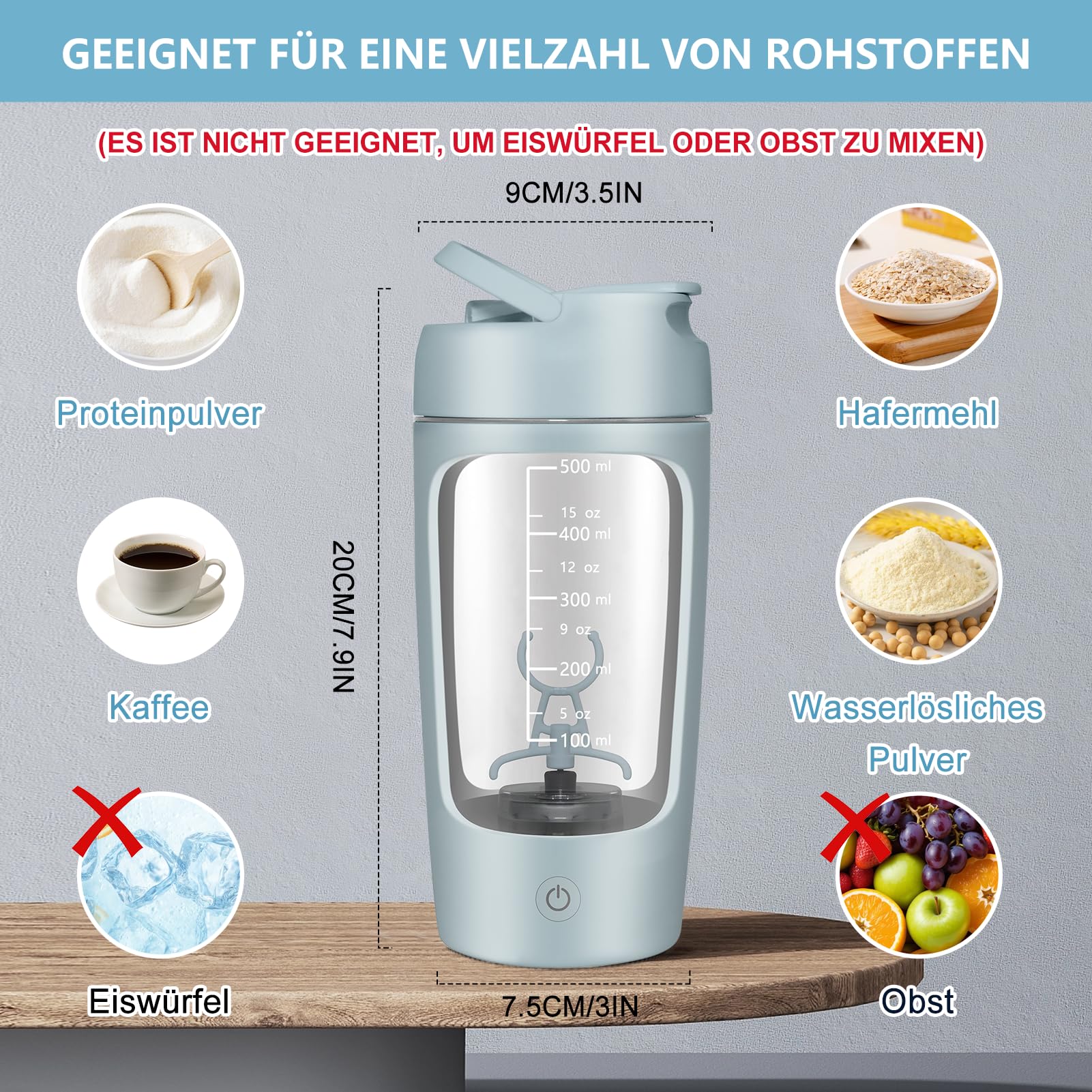 Shaker Électrique Protéine, 650ml Shaker Électrique, Compartiment à Poudre | Bouteille Shaker de Protéines Rechargeable USB C, Anti-Fuite, Tritan sans BPA, pour Shake Protéiné, Sport & Fitness, Bleu