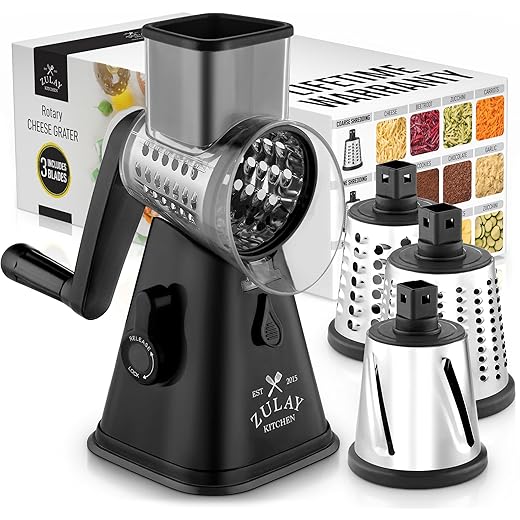 Rotary Cheese Grater with Upgraded, Reinforced Suction - Round Cheese Shredder Grater with 3 Replaceable Stainless Steel Drum Blades - Easy To Use & Clean - Vegetable Slicer & Nut Grinder (Black)
