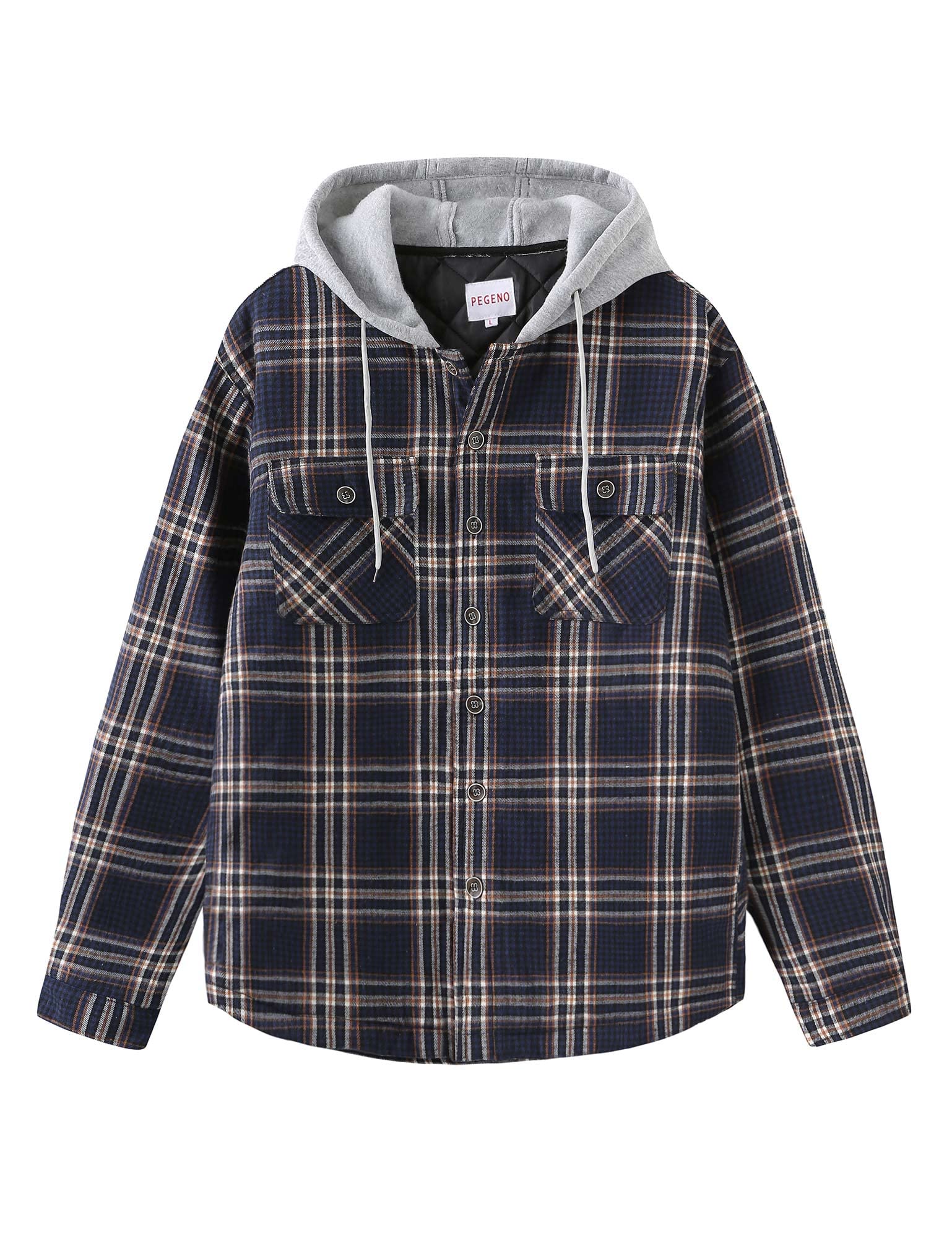 PEGENO Men's Long Sleeve Plaid Button Quilted Lined Flannel Shirt Jacket with Hood