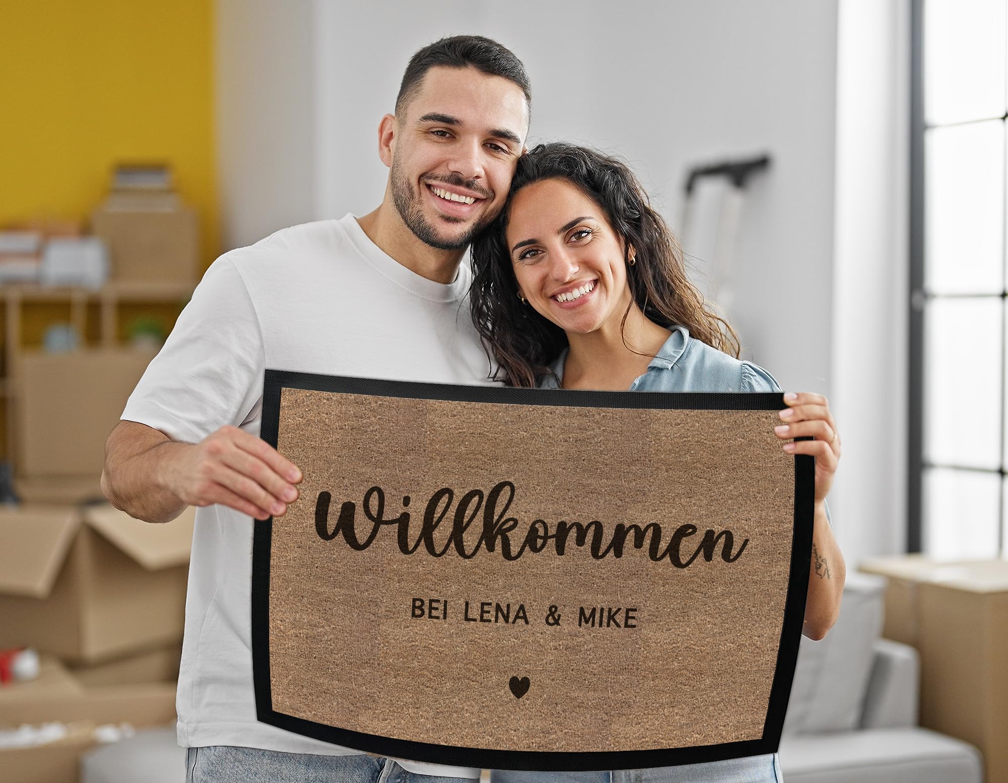 Willkommen Fußmatte Personalisiert Familie Name bis 120cm | Türmatte personalisiert Kokosmatten Optik als Geschenk Umzug, Hochzeit, Verlobung, Geburtstag mit Wunschtext (90x60cm)