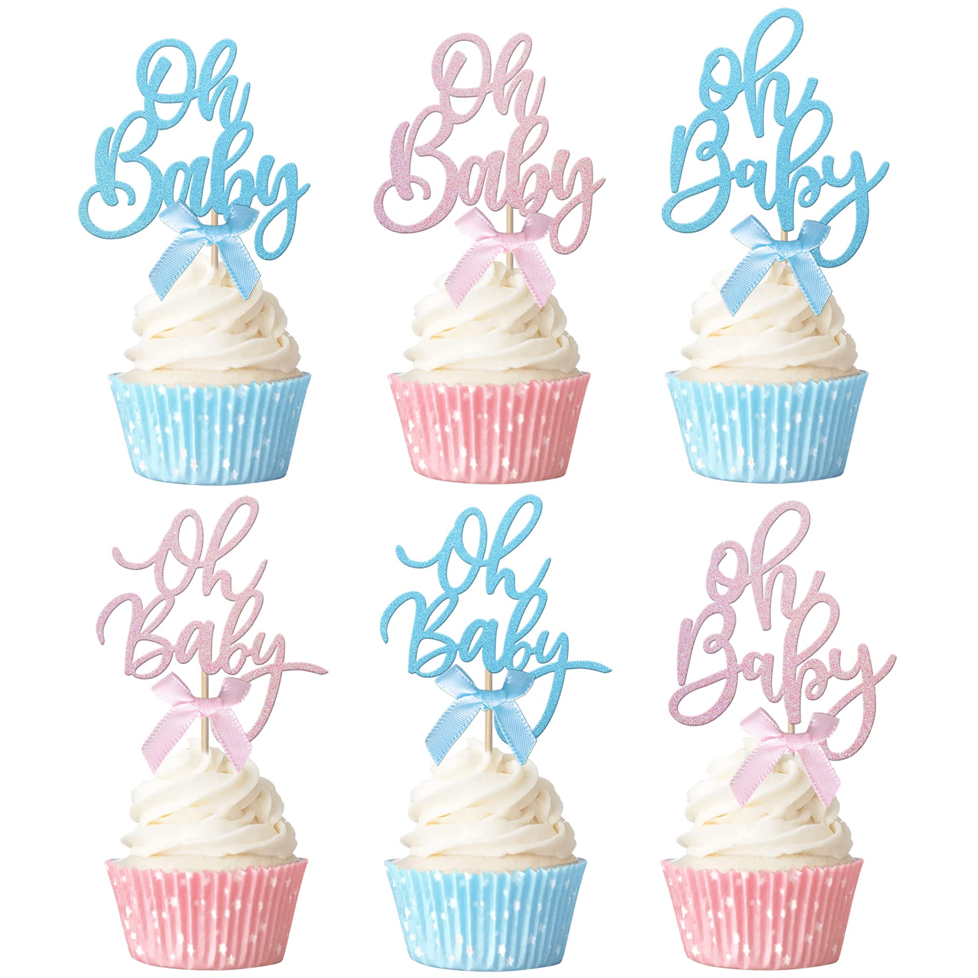 Rsstarxi 24 Pack Oh Baby Cupcake Toppers Pink Blue Bow Glitter Baby Shower Cupcake Picks Gender Reveal Cupcake Topper Decoration for Baby Shower Kids