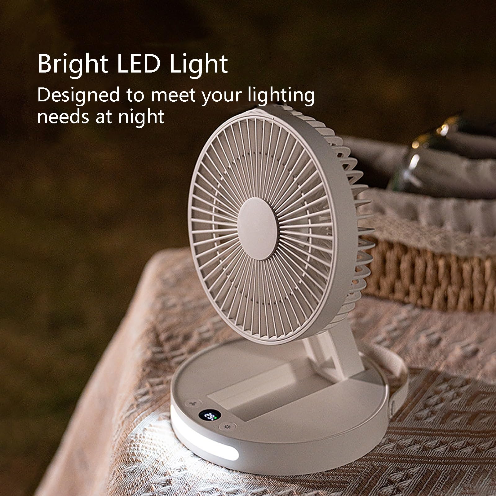 Ventilatore da tavolo portatile ricaricabile con luce notturna, ultra silenzioso, 5 velocità, design compatto per ufficio, dormitorio, viaggi, mini ventilatore pieghevole USB (bianco)