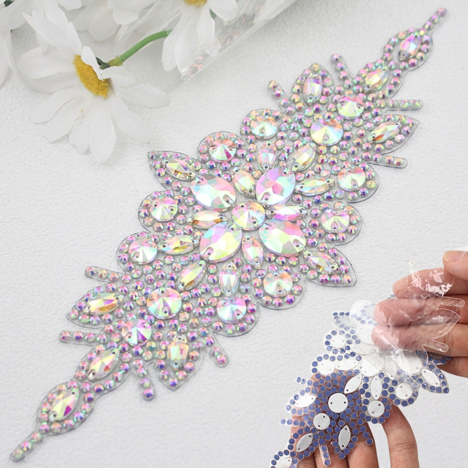 PEARLY JUN 1Pc Self Adhesive Crystal Rhinestone Applique Silver AB Iron on Rhinestone Transfers Clothing Diamond Embellishments DIY for Bridal Wedding DIY Dress Fabric Accessories