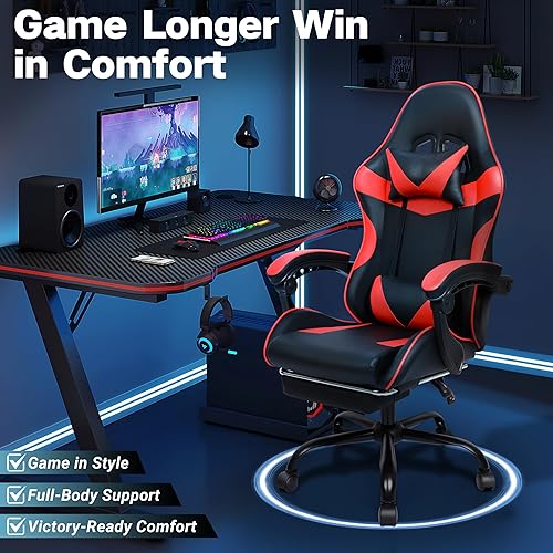 Miniatura 3 de Silla de juegos, silla ergonómica para computadora con reposapiés y soporte lumbar, silla de oficina de altura ajustable con asiento giratorio de