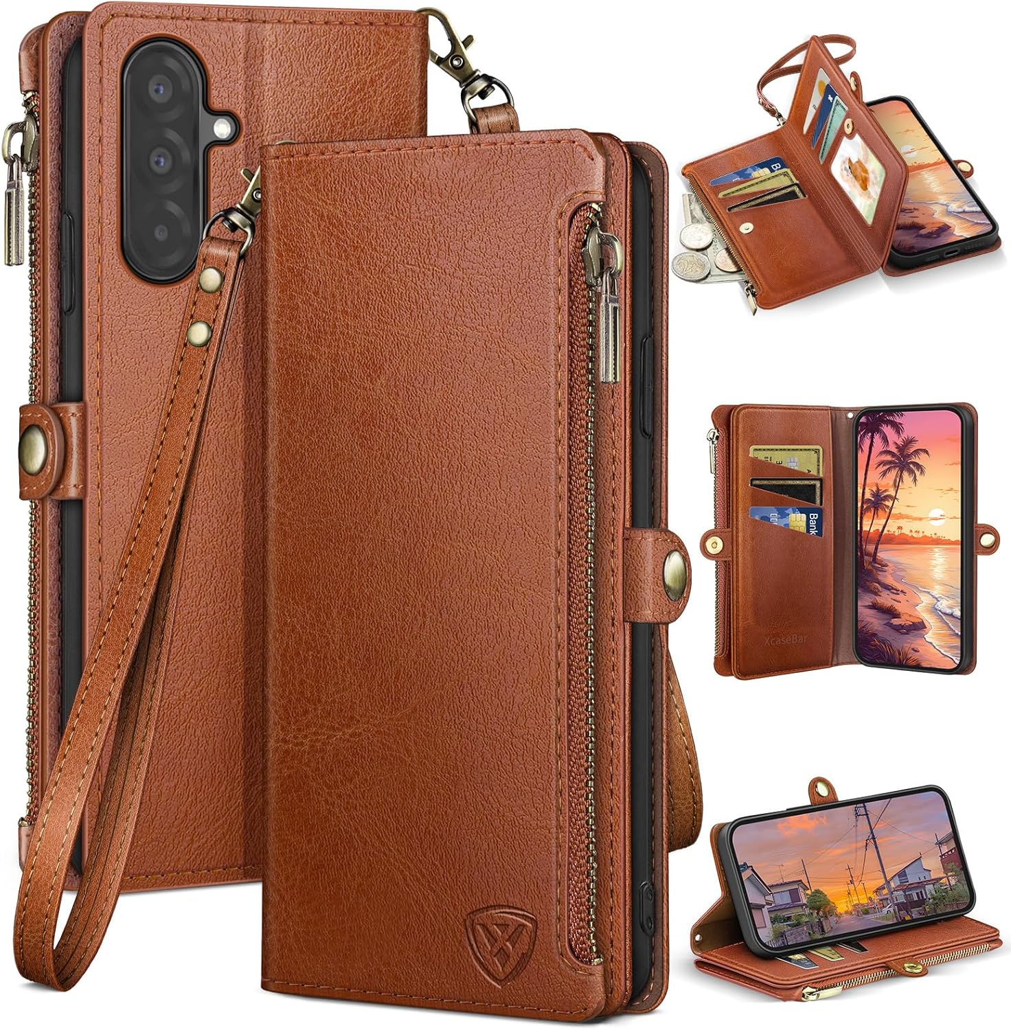 XcaseBar compatible with ‌Samsung Galaxy A56 Wallet case with Zipper Credit Card Holder【RFID Blocking】,Flip Folio Book PU Leather Phone case Shockproof Cover Women Men for Samsung A56 case Light Brown