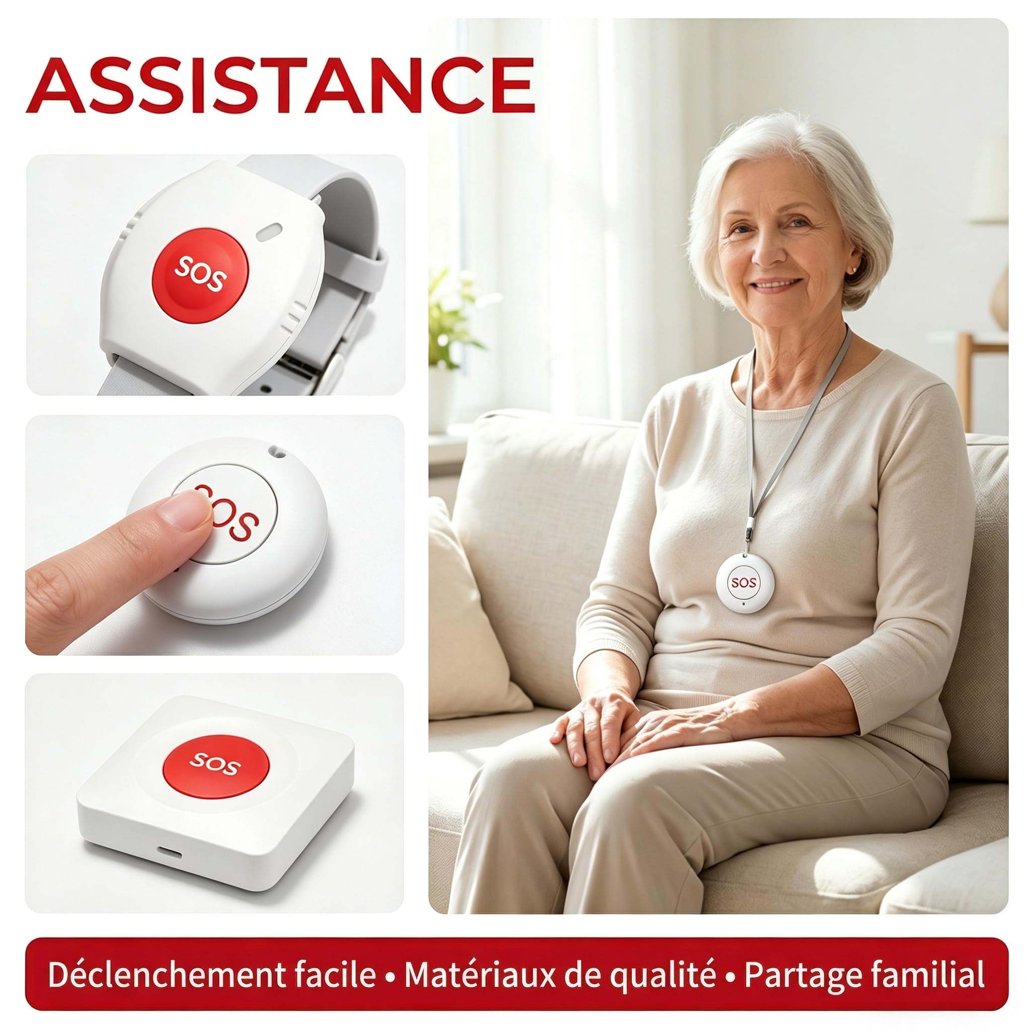 Bracelet Alarme Personne Agee avec WiFi – Utilisation sans Abonnement, Étanche IP55, Alarme Interne avec Notification Via Application, Volume Réglable (Pack de 4 Produits)