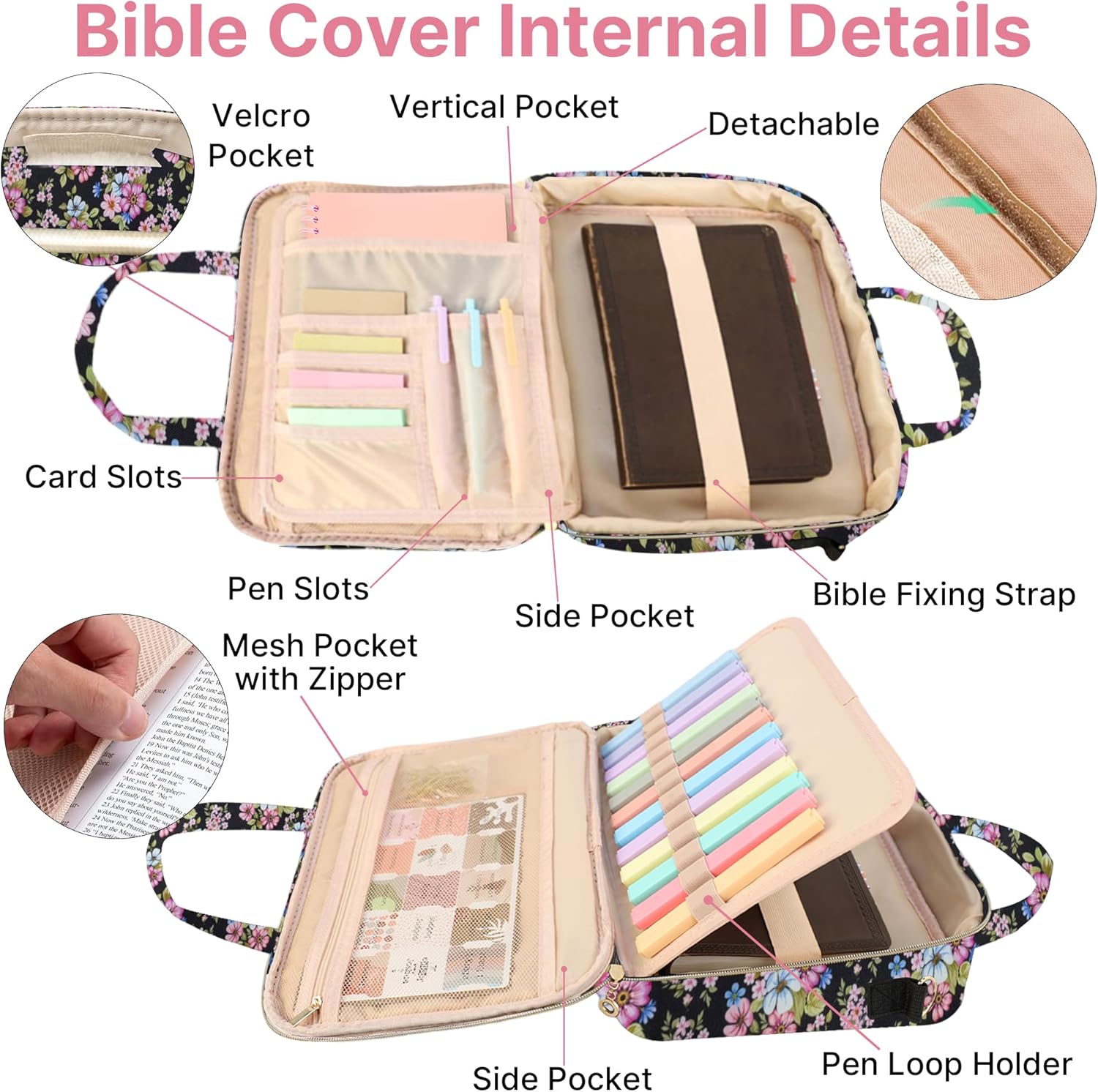 PUGPIU Bible Cover Case for Women, Large Quilted Bible Bag with Shoulder Strap and Handle, Bible Study Supplies Journaling Kit with Highlighters Pens No Bleed Tabs Notebook Cross Clips (Floral) - Image 8