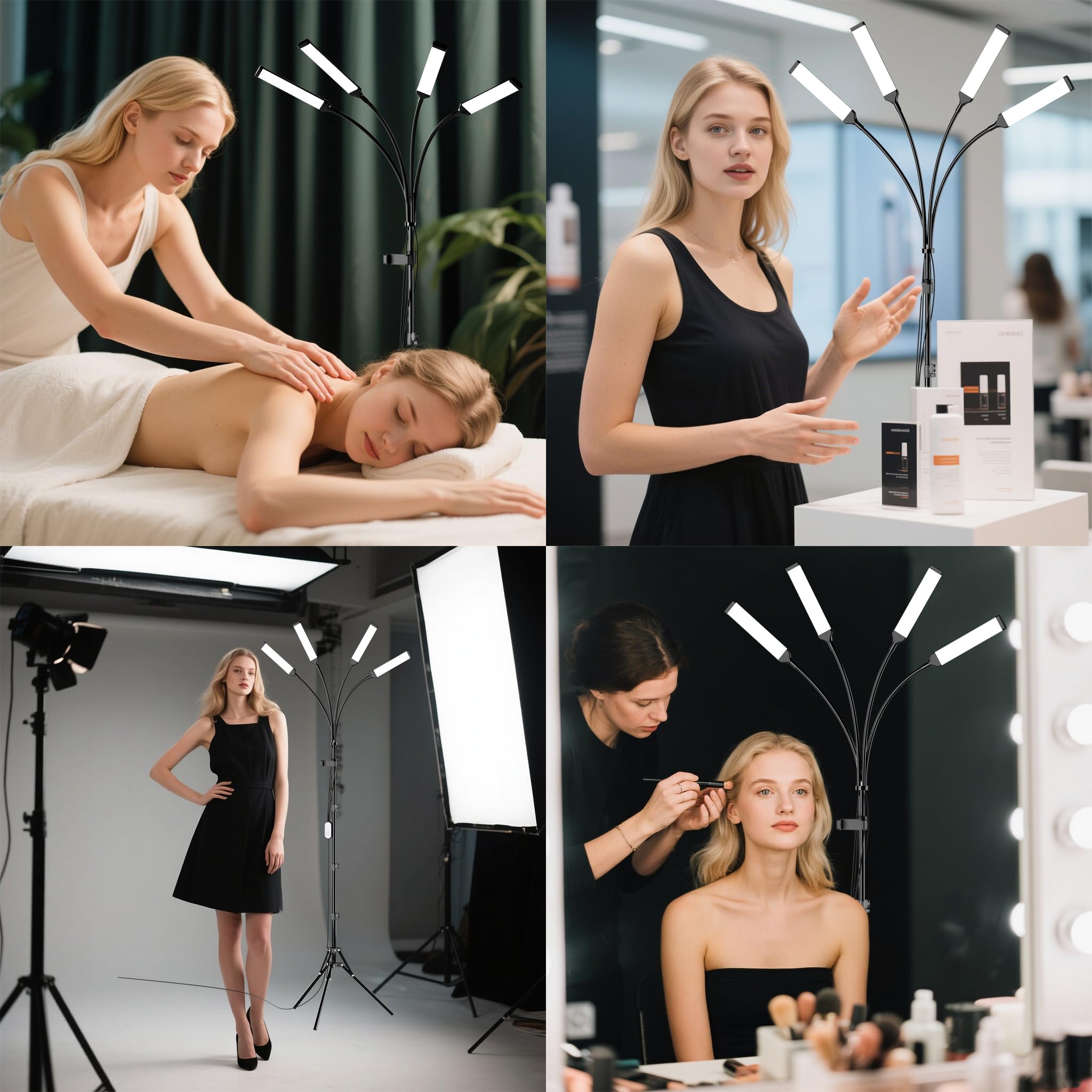Lampe LED à quatre bras pour photographie, esthéticienne pour extensions de cils avec support de téléphone/lampadaire/lumière de cils pour maquillage/tatouage/selfie/enregistrement vidéo/photographie