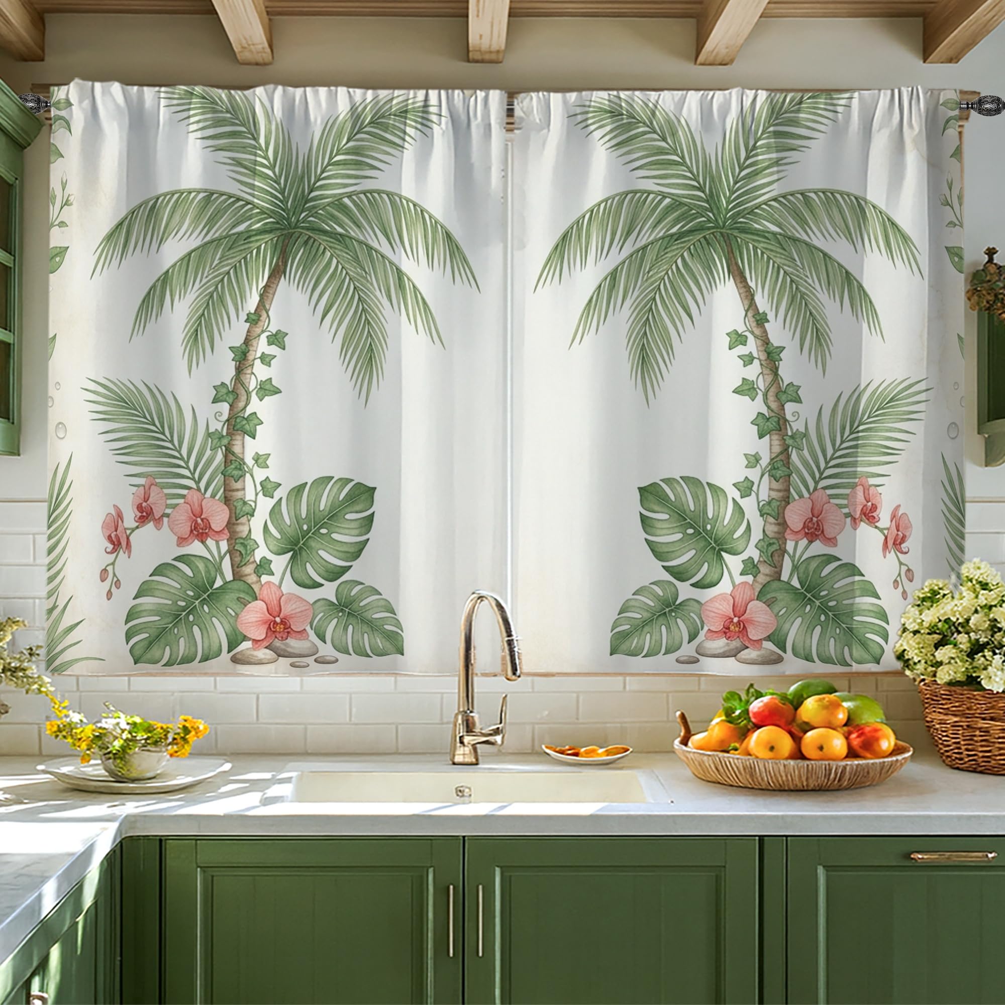 Rideaux filtrant la lumière motif palmier vert tropical pour évier