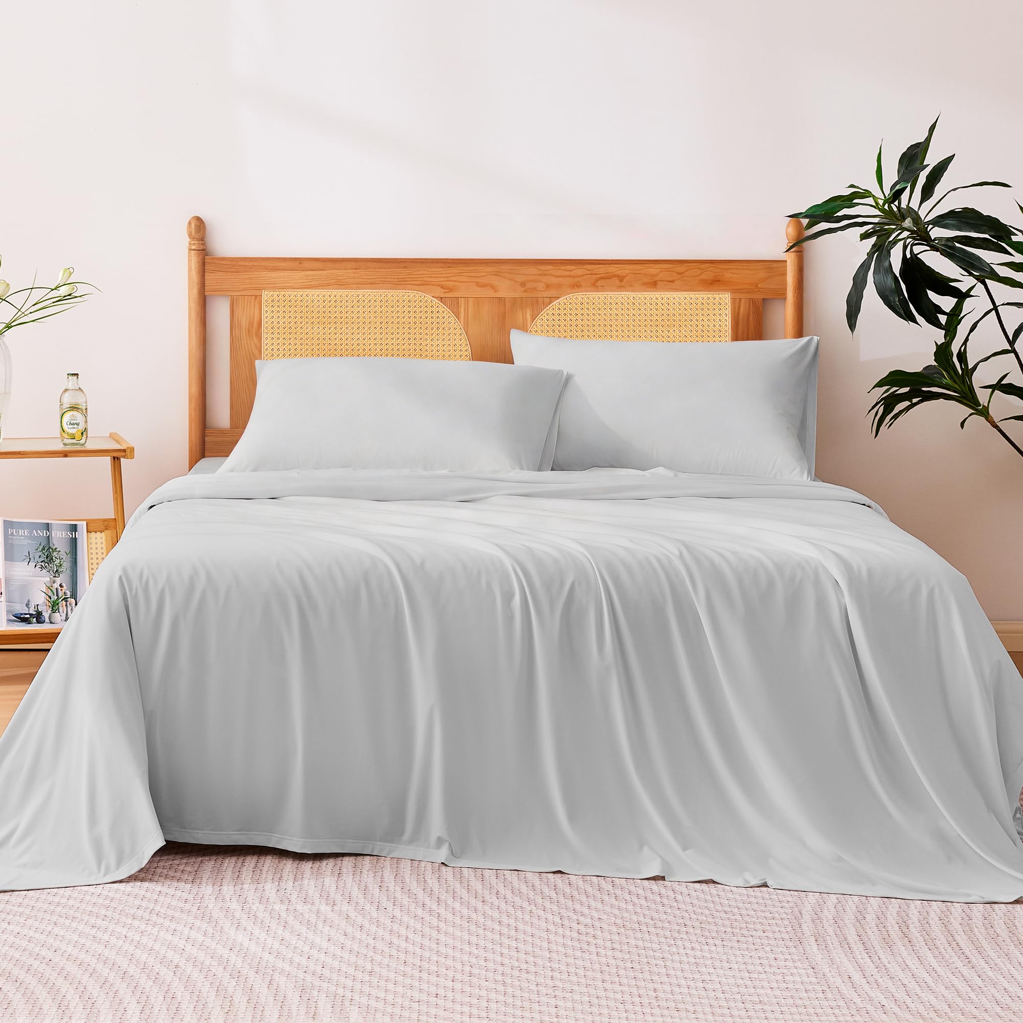 Amazon Basics Cooling Sheets, 4 Piece 100% Recycled Polyester Bed Sheet Set for Hot Sleepers, Breathable, 15-Inch Deep Pocket, Queen, Gray - 2