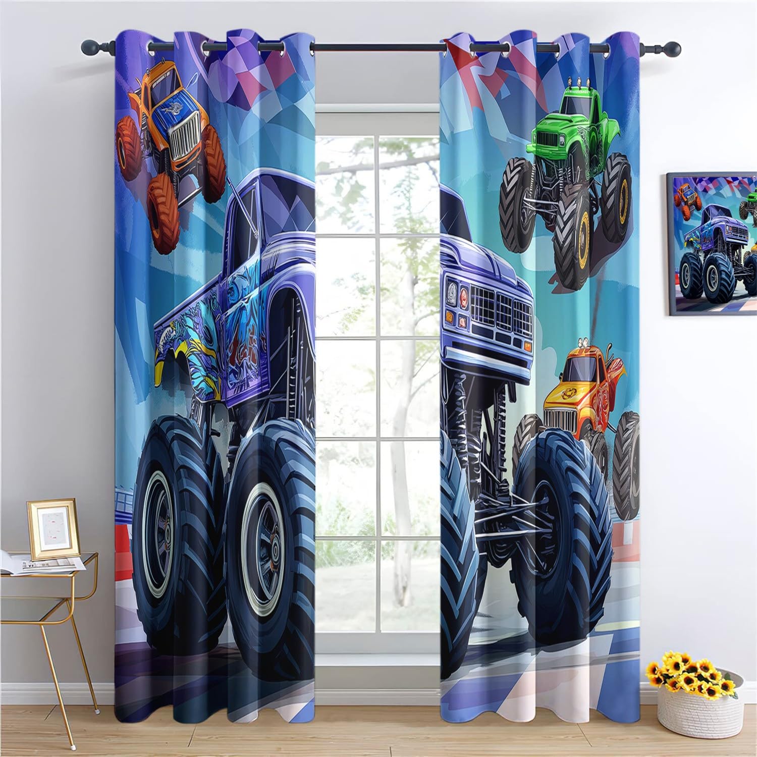 Blackout Curtains Monster truck pattern Energy Saving Decorative Darkening Blue Opaque Panel Curtains for Decoration Living Dining W 46" x L 90" (2 Panels)