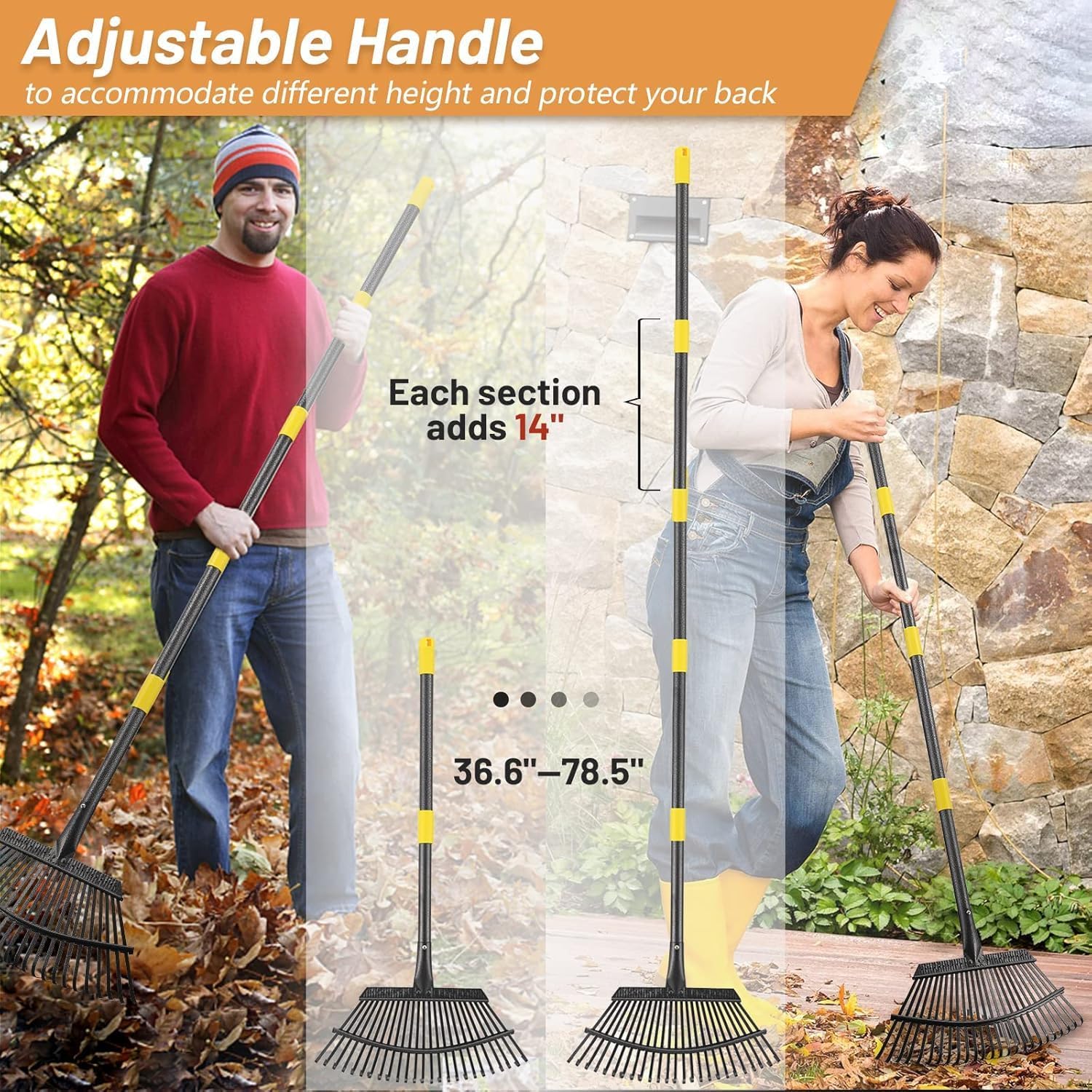 Garden Leaf Rake, 8.5" Head, 36-74 " Adjustable Handle, Sturdy Steel Tines image 4