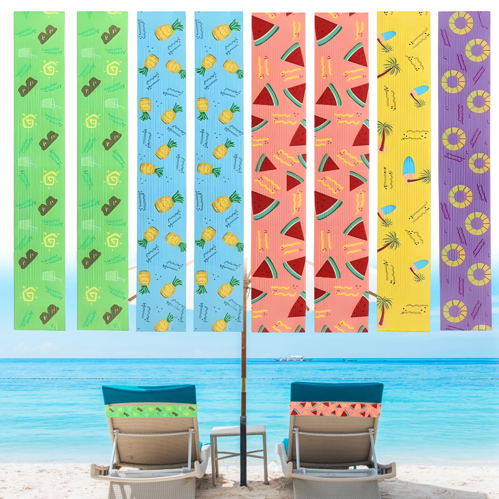 QyueQyat 8-Pack Towel Bands for Sun Loungers, Sunbed Bands for Beach Towels and Cruise Sun Loungers, Secure Towels on Prevent Blowing Away, Red Blue Green Yellow Purple Colours