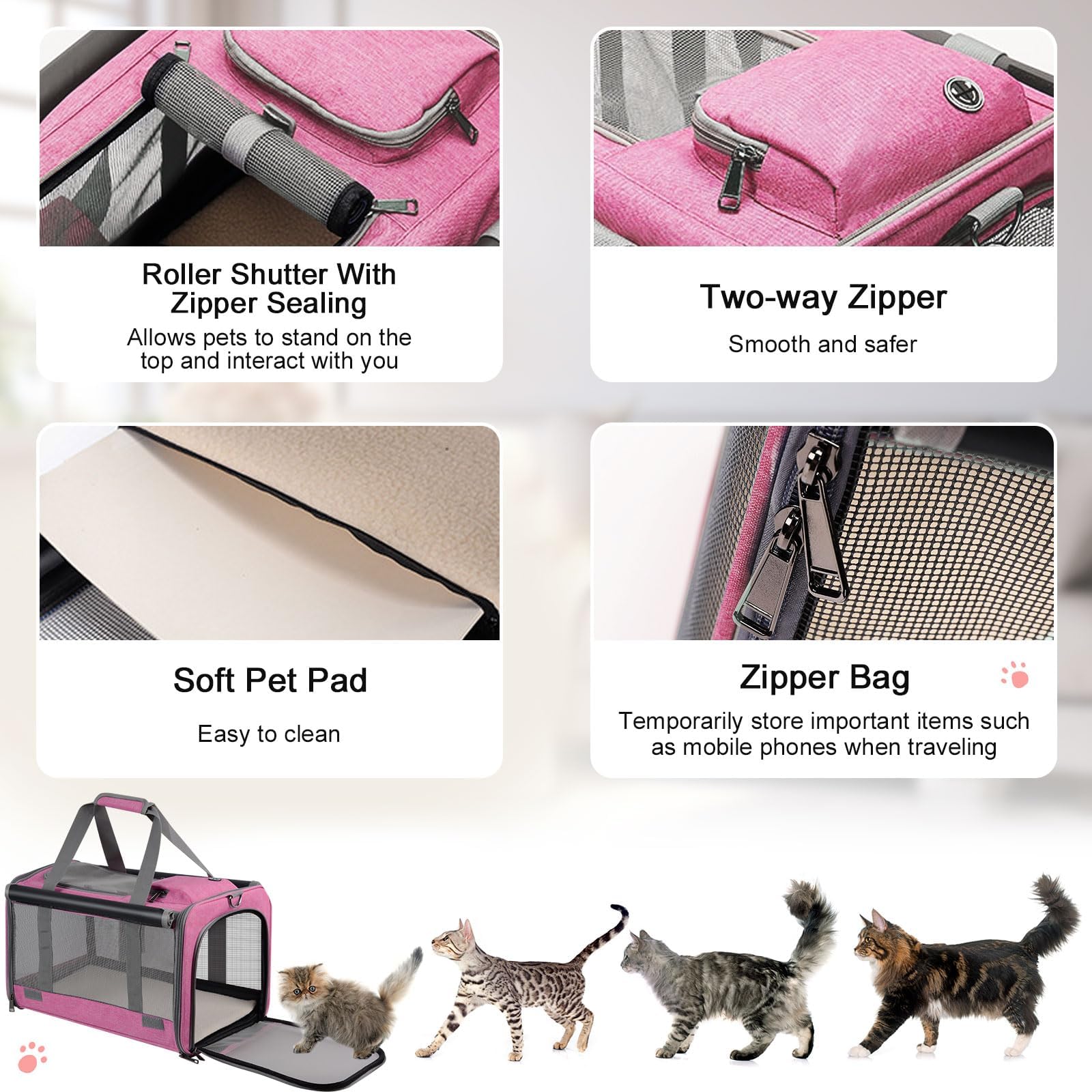 Qoosea Trasportino per Gatti e Cani Portatile e Ripiegabile Trasportino per Animali, Portatile Borsa per Trasporto per Gatto e Cane di Piccola e Media Taglia (Rosa)