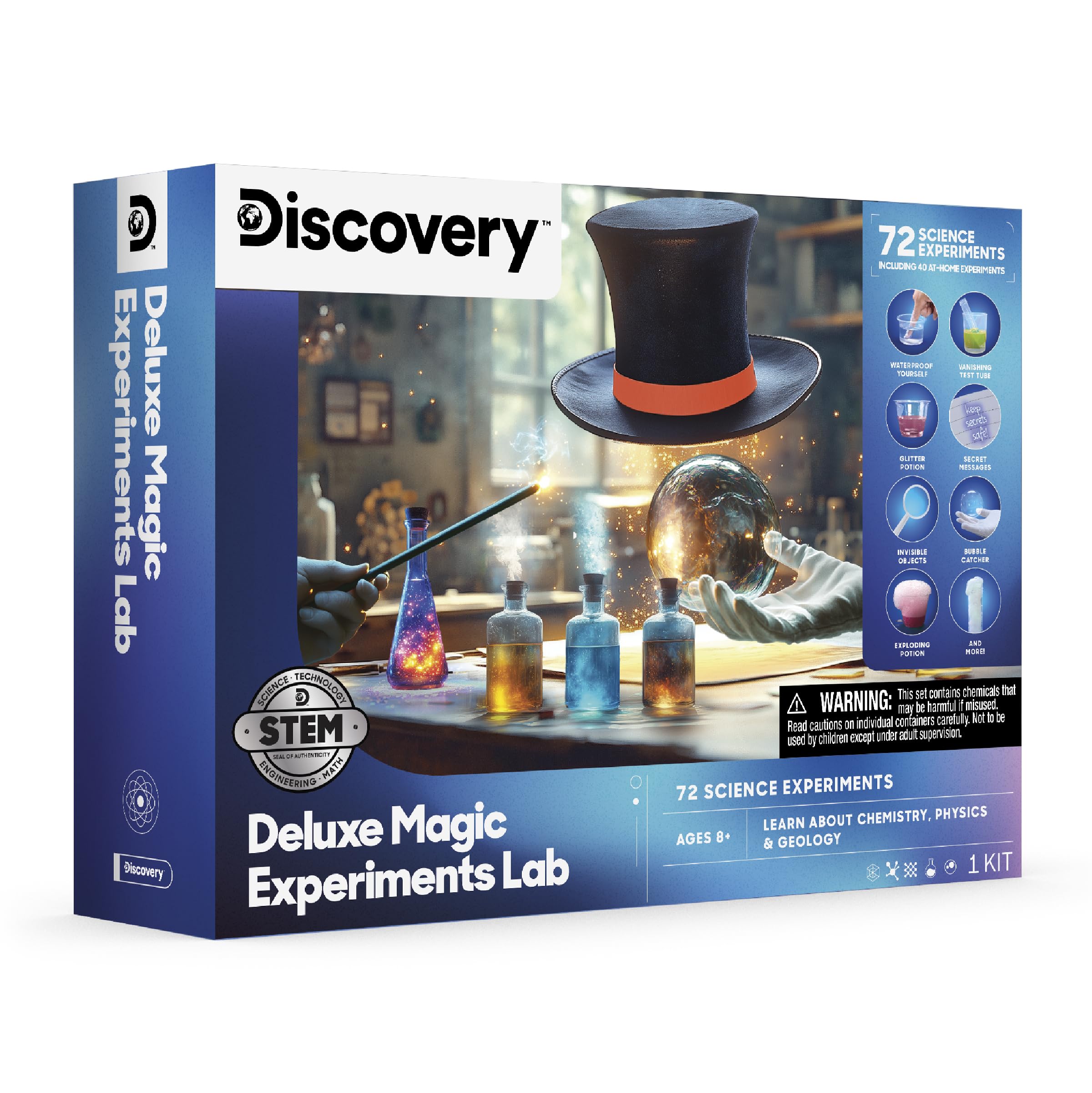 Discovery Magic Science Lab kit box showing various experiments and components.