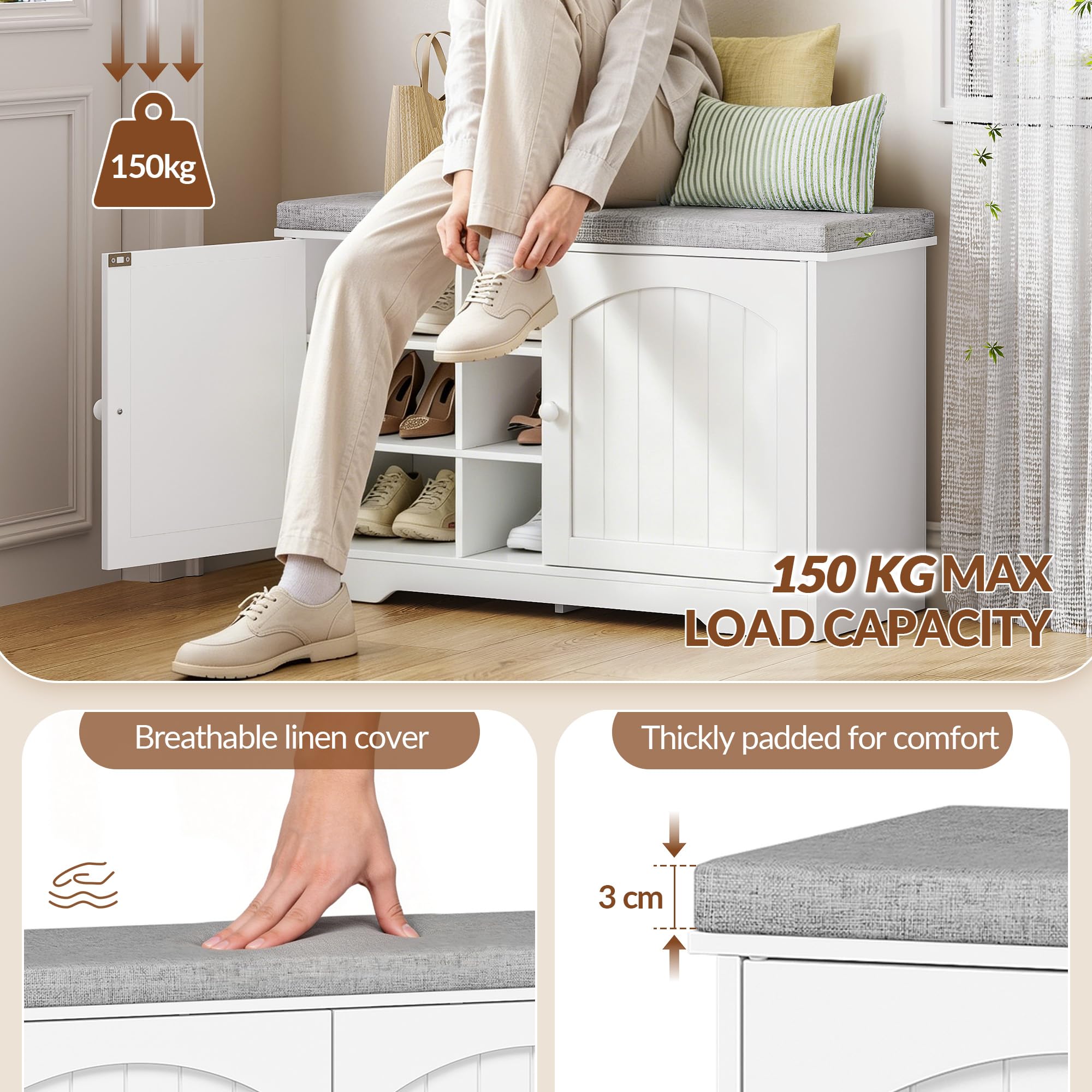 Banc à Chaussures, Banc de Rangement, 80 x 34 x 55 cm, Blanc | 9 Compartiments, Étagères Réglables, pour Entrée, Couloir, Salon, FFXD001PW1