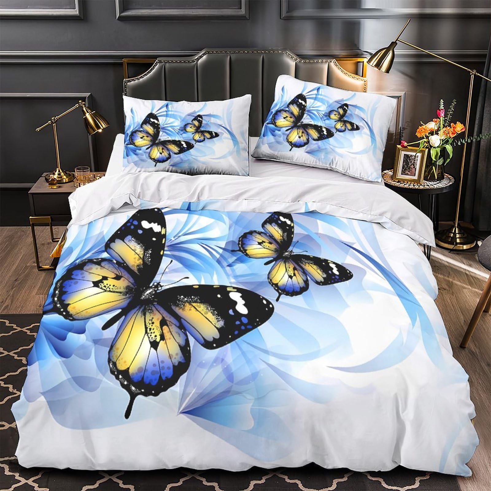 Butterfly Art Comforter Cover 3D Print Hypoallergenic 3PCs Bed Linen Hidden Zipper Blue Floral Design Quilt Cover Extra Soft All Season for Teens Youth Adults Women Kids Boys Super king（260x220cm）
