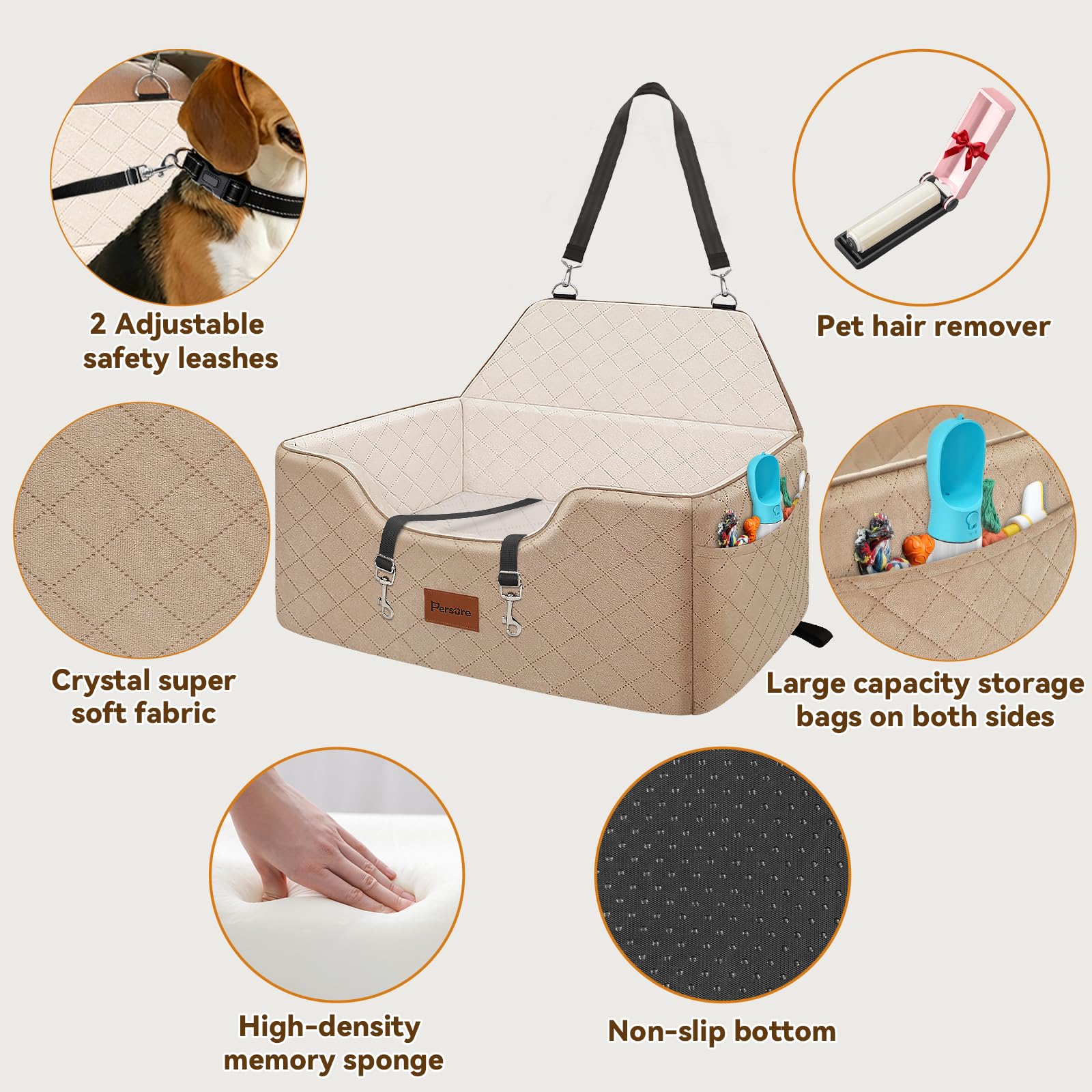 Persure Hunde-Autositz für große und mittelgroße Hunde, abnehmbarer, waschbarer Hunde-Sitz, Haustier-Reisebett mit Aufbewahrungstaschen und Sicherheitsgurt für Hunde, Kaffee, Größe L