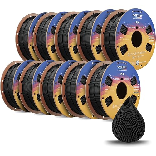 OVERTURE 10KG Bundle PLA Filament 1.75mm, Neatly Wound 3D Printer Filament 10 Pack 1kg Spool (2.2lbs), Dimensional Accuracy +/- 0.02 mm, Fit Most FDM 3D Printers (Black 10-Pack)