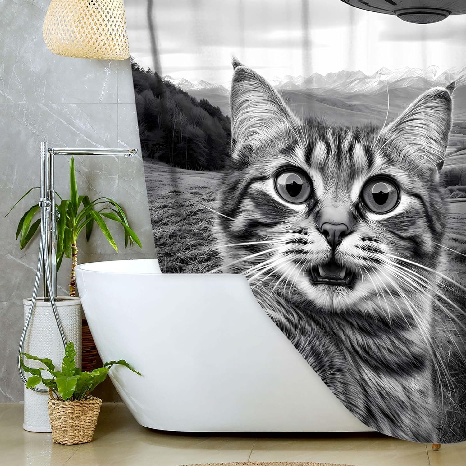 JAWO Funny Shower Curtain, Hilarious Selfie Cat Waterproof Bath Curtain, Modern Gray Country Scene Fun Cute Gray Cat UFO Bathroom Decor, 72X75 INCH with Hooks