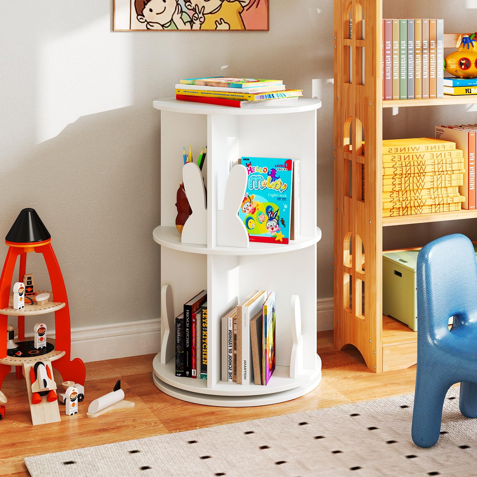 RELAX4LIFE Libreria Scaffale Girevole per Bambini, Porta Libri Rotante a 2 Livelli, Libreria in Legno per Soggiorno, Camera da Letto e Studio, 40 x 40 x 65 cm (Coniglio, Bianco)