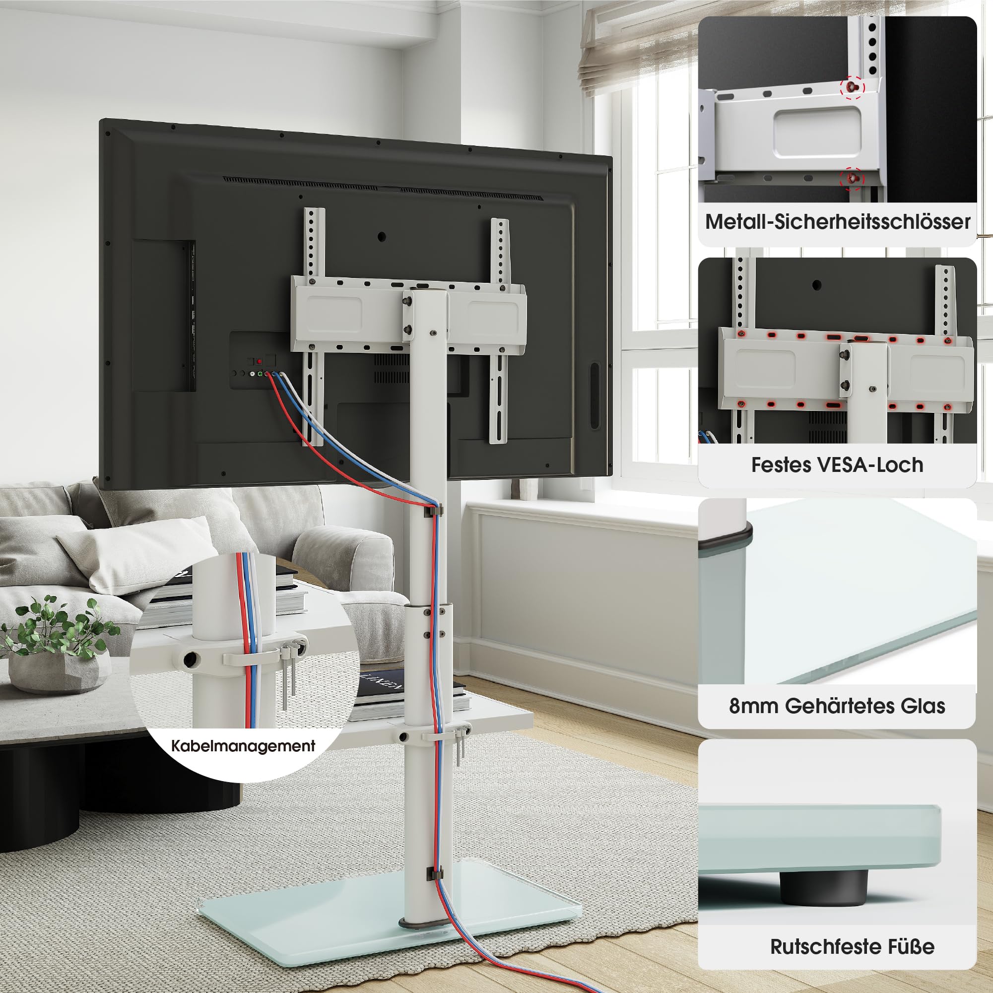 AOKCOS TV Ständer TV Bodenständer für 32-70 Zoll Fernseher bis zu 40 KG, TV Standfuß mit 2 Stufigen Ablagen, Fernsehstand Höhenverstellbar Schwenkbar Neigbar, Max. VESA 400x400mm (Weiß)