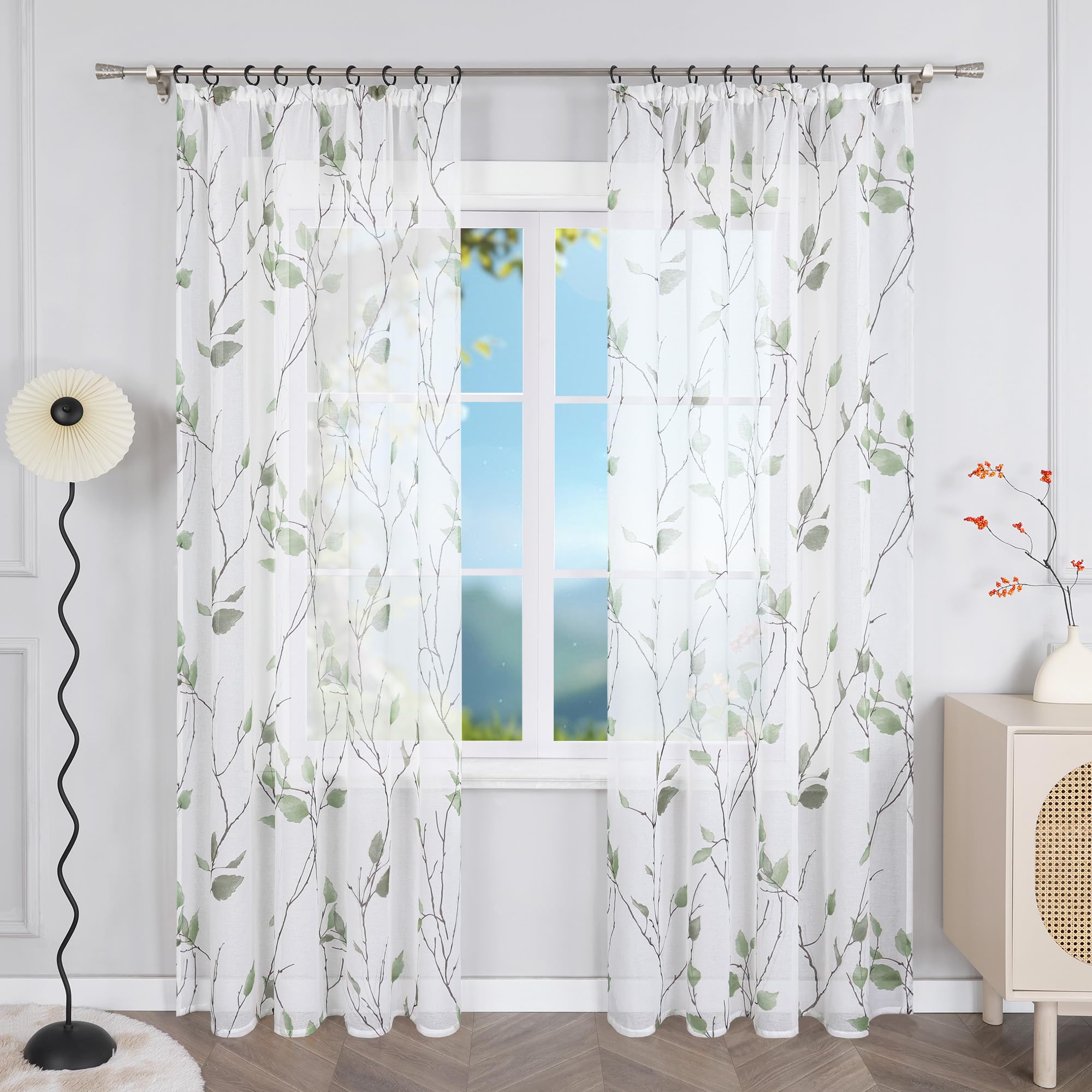 Panneau transparent 140x175 cm vert à œillets avec motif branches pour salon