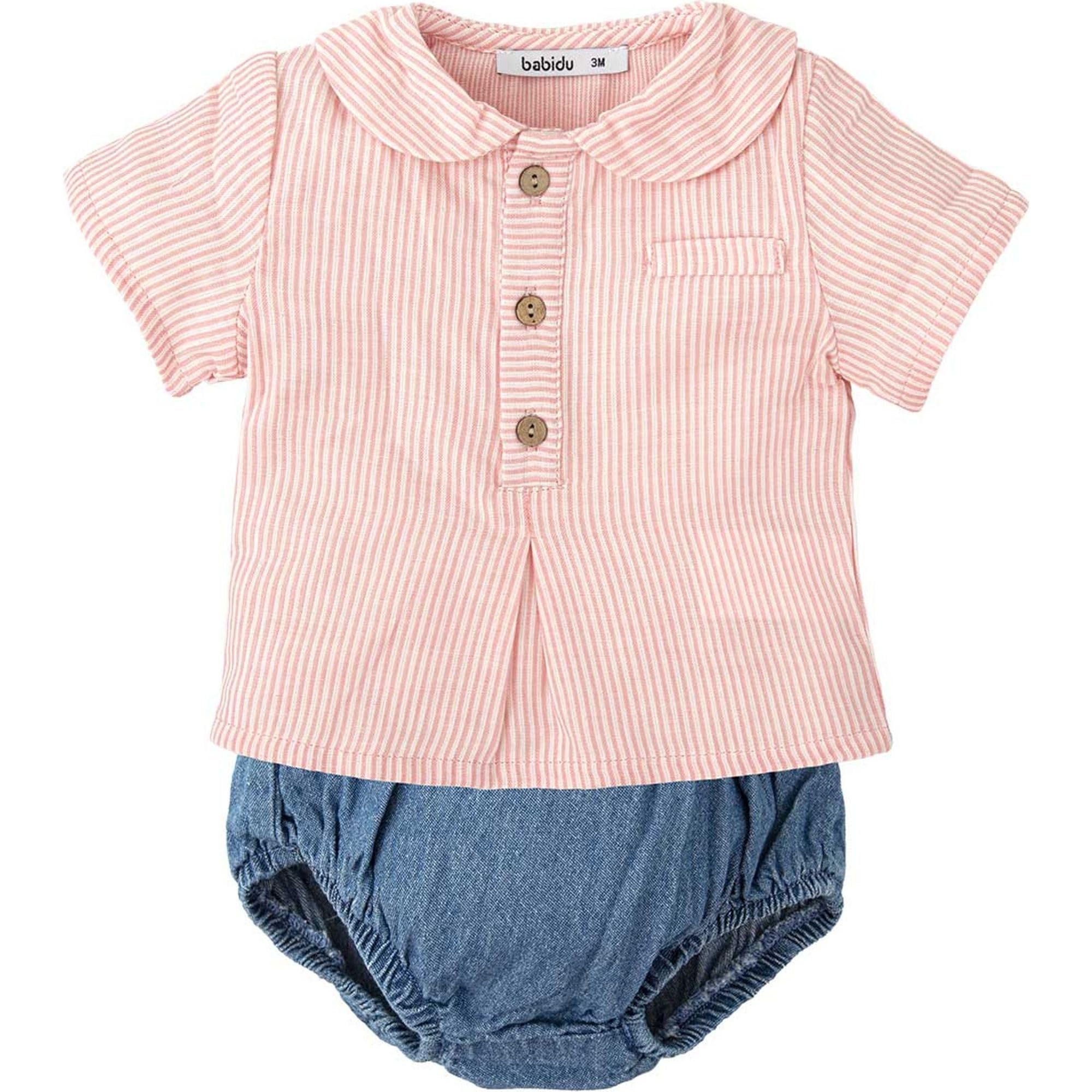 BABIDU Conjunto para Bebé y Niño con Camisa de Manga Corta a Rayas y Cubrepañal Denim, Cuello Camisero Redondeado y Botones Frontales de Madera