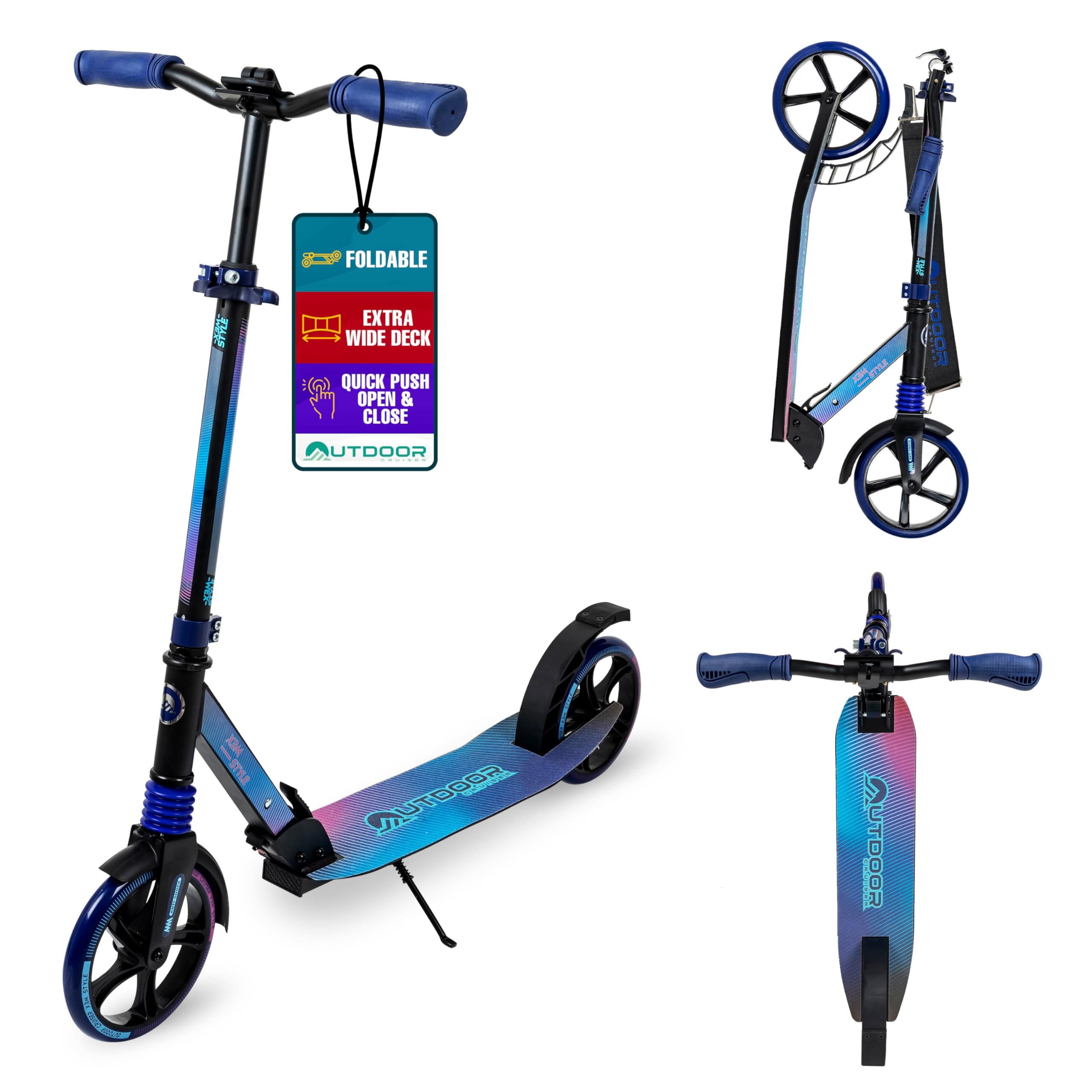 Outdoor Cruiser Kick Scooter for Ages 6+, for Kids, Teens, and Adult, Max Load 250 LBS, Foldable, 8-inch Big Wheels, Dual Suspension, 3 Adjustable Levels, Child Safety Approved, Blue, Purple, & Pink